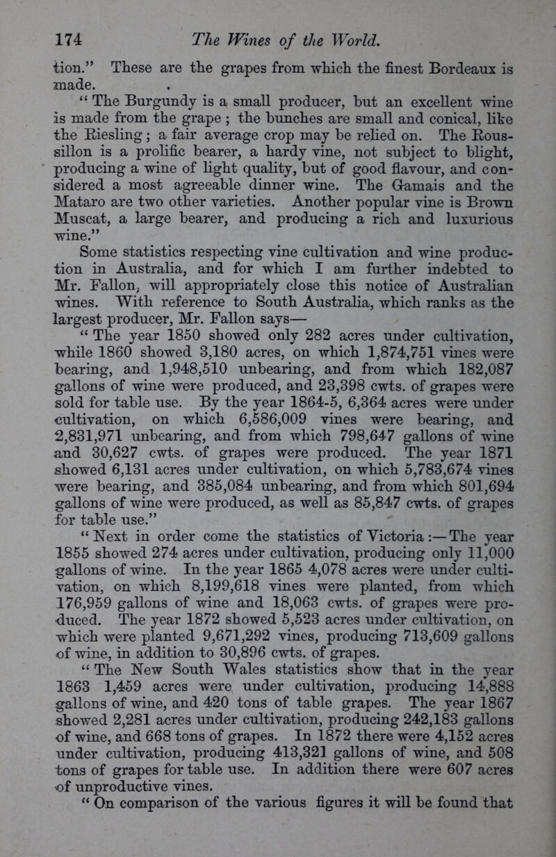 tion.” These are the grapes from which the finest Bordeaux is made. “ The Burgundy is a small producer, hut an excellent wine is made from the grape ; the hunches are small and conical, like the Riesling; a fair average crop may he relied on. The Rous- sillon is a prolific bearer, a hardy vine, not subject to blight, producing a wine of light quality, but of good flavour, and con- sidered a most agreeable dinner wine. The G-amais and the Mataro are two other varieties. Another popular vine is Brown Muscat, a large bearer, and producing a rich and luxurious wine.” Some statistics respecting vine cultivation and wine produc- tion in Australia, and for which I am further indebted to Mr. Fallon, will appropriately close this notice of Australian wines. With reference to South Australia, which ranks as the largest producer, Mr. Fallon says— “ The year 1850 showed only 282 acres under cultivation, while 1860 showed 3,180 acres, on which 1,874,751 vines were bearing, and 1,948,510 unbearing, and from which 182,087 gallons of wine were produced, and 23,398 cwts. of grapes were sold for table use. By the year 1864-5, 6,364 acres were under cultivation, on which 6,586,009 vines were bearing, and 2,831,971 unbearing, and from which 798,647 gallons of wine and 30,627 cwts. of grapes were produced. The year 1871 showed 6,131 acres under cultivation, on which 5,783,674 vines were bearing, and 385,084 unbearing, and from which 801,694 gallons of wine were produced, as well as 85,847 cwts. of grapes for table use.” “Next in order come the statistics of Victoria:—The year 1855 showed 274 acres under cultivation, producing only 11,000 gallons of wine. In the year 1865 4,078 acres were under culti- vation, on which 8,199,618 vines were planted, from which 176,959 gallons of wine and 18,063 cwts. of grapes were pro- duced. The year 1872 showed 5,523 acres under cultivation, on which were planted 9,671,292 vines, producing 713,609 gallons of wine, in addition to 30,896 cwts. of grapes. “ The New South Wales statistics show that in the year 1863 1,459 acres were under cultivation, producing 14,888 gallons of wine, and 420 tons of table grapes. The year 1867 showed 2,281 acres under cultivation, producing 242,183 gallons of wine, and 668 tons of grapes. In 1872 there were 4,152 acres under cultivation, producing 413,321 gallons of wine, and 508 tons of grapes for table use. In addition there were 607 acres of unproductive vines. “ On comparison of the various figures it will be found that