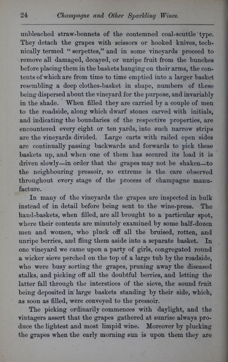 unbleached straw-bonnets of the contemned coal-scuttle type. They detach the grapes with scissors or hooked knives, tech- nically termed “ serpettes,” and in some vineyards proceed to remove all damaged, decayed, or unripe fruit from the hunches before placing them in the baskets hanging on their arms, the con- tents of which are from time to time emptied into a larger basket resembling a deep clothes-basket in shape, numbers of these being dispersed about the vineyard for the purpose, and invariably in the shade. When filled they are carried by a couple of men to the roadside, along which dwarf stones carved with initials, and indicating the boundaries of the respective properties, are encountered every eight or ten yards, into such narrow strips are the vineyards divided. Large carts with railed open sides are continually passing backwards and forwards to pick these baskets up, and when one of them has secured its load it is driven slowly—in order that the grapes may not be shaken—to the neighbouring pressoir, so extreme is the care observed throughout every stage of the process of champagne manu- facture. In many of the vineyards the grapes are inspected in bulk instead of in detail before being sent to the wine-press. The hand-baskets, when filled, are all brought to a particular spot, where their contents are minutely examined by some half-dozen men and women, who pluck off all the bruised, rotten, and unripe berries, and fling them aside into a separate basket. In one vineyard we came upon a party of girls, congregated round a wicker sieve perched on the top of a large tub by the roadside, who were busy sorting the grapes, pruning away the diseased stalks, and picking off all the doubtful berries, and letting the latter fall through the interstices of the sieve, the sound fruit being deposited in large baskets standing by their side, which, as soon as filled, were conveyed to the pressoir. The picking ordinarily commences with daylight, and the vintagers assert that the grapes gathered at sunrise always pro- duce the lightest and most limpid wine. Moreover by plucking the grapes when the early morning sun is upon them they are