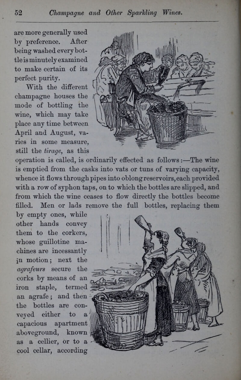 are more generally used by preference. After being washed every bot- tle is minutely examined to make certain of its perfect purity. With the different champagne houses the mode of bottling the wine, which may take place any time between April and August, va- ries in some measure, still the tirage, as this operation is called, is ordinarily effected as follows:—The wine is emptied from the casks into vats or tuns of varying capacity, whence it flows through pipes into oblong reservoirs, each provided with a row of syphon taps, on to which the bottles are slipped, and from which the wine ceases to flow directly the bottles become filled. Men or lads remove the full bottles, replacing them by empty ones, while other hands convey them to the corkers, whose guillotine ma- chines are incessantly jn motion; next the agrafeurs secure the corks by means of an iron staple, termed an agrafe ; and then the bottles are con- veyed either to a capacious apartment aboveground, known as a cellier, or to a cool cellar, according