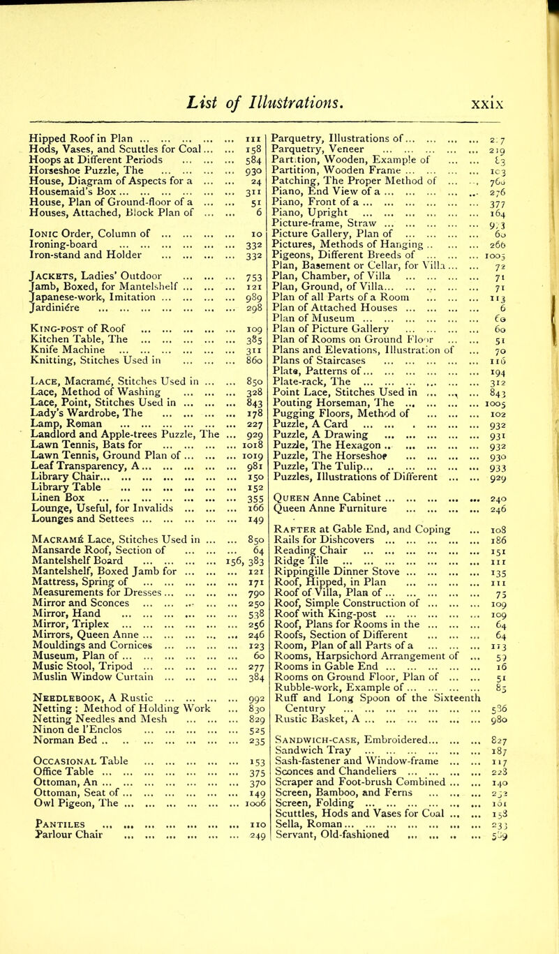 Hipped Roof in Plan Hods, Vases, and Scuttles for Coal... Hoops at Different Periods Horseshoe Puzzle, The House, Diagram of Aspects for a ... Housemaid’s Box House, Plan of Ground-floor of a ... Houses, Attached, Block Plan of ... Ionic Order, Column of Ironing-board Iron-stand and Holder Jackets, Ladies’ Outdoor Jamb, Boxed, for Mantelshelf Japanese-work-, Imitation Jardiniere King-post of Roof Kitchen Table, The Knife Machine Knitting, Stitches Used in Lace, Macramd, Stitches Used in ... Lace, Method of Washing Lace, Point, Stitches Used in Lady’s Wardrobe, The Lamp, Roman Landlord and Apple-trees Puzzle, The Lawn Tennis, Bats for Lawn Tennis, Ground Plan of Leaf Transparency, A Library Chair Library Table Linen Box Lounge, Useful, for Invalids Lounges and Settees Macram£ Lace, Stitches Used in ... Mansarde Roof, Section of Mantelshelf Board Mantelshelf, Boxed Jamb for Mattress, Spring of Measurements for Dresses Mirror and Sconces ... Mirror, Hand Mirror, Triplex Mirrors, Queen Anne Mouldings and Cornices Museum, Plan of Music Stool, Tripod Muslin Window Curtain Needlebook, A Rustic Netting : Method of Holding Work Netting Needles and Mesh Ninon de l’Enclos Norman Bed Occasional Table Office Table Ottoman, An Ottoman, Seat of Owl Pigeon, The Pantiles Parlour Chair ... m ... 158 ... 584 ... 930 24 ... 3” ... 51 6 ... 10 — 332 • •• 332 ••• 753 ... 121 ... 989 ... 298 ... 109 ... 385 ... 311 ... 860 850 328 843 178 227 929 1018 1019 981 150 152 355 166 149 ... 850 ... 64 156, 383 ... 121 ... 171 ... 790 ... 250 ... 246 ... 123 ... 60 ... 277 ... 384 ... 992 ... 830 ... 829 ... 525 ••• 235 - 153 — 375 ... 370 ... 149 ... 1006 ... no ... 249 Parquetry, Illustrations of Parquetry, Veneer Partition, Wooden, Example of Partition, Wooden Frame Patching, The Proper Method of ... Piano, End View of a Piano, Front of a Piano, Upright ... Picture-frame, Straw Picture Gallery, Plan of Pictures, Methods of Hanging Pigeons, Different Breeds of Plan, Basement or Cellar, for Villa ... Plan, Chamber, of Villa Plan, Ground, of Villa ... Plan of all Parts of a Room Plan of Attached Houses Plan of Museum Plan of Picture Gallery Plan of Rooms on Ground Floor Plans and Elevations, Illustration of Plans of Staircases Plate, Patterns of Plate-rack, The Point Lace, Stitches Used in A Pouting Horseman, The Pugging Floors, Method of Puzzle, A Card Puzzle, A Drawing Puzzle, The Hexagon .. Puzzle, The Horseshoe Puzzle, The Tulip Puzzles, Illustrations of Different ... ... 2:7 ... 219 ... l3 ... ic3 760 276 ... 266 ... 1005 72 71 7i 113 6 £3 60 5i 70 no ... 194 ... 312 ... 843 ... 1005 ... 102 ... 932 ... 931 ... 932 ... 930 — 933 ... 929 Queen Anne Cabinet 240 Queen Anne Furniture 246 Rafter at Gable End, and Coping Rails for Dishcovers Reading Chair Ridge Tile Rippingille Dinner Stove Roof, Hipped, in Plan Roof of Villa, Plan of Roof, Simple Construction of Roof with King-post Roof, Plans for Rooms in the Roofs, Section of Different Room, Plan of all Parts of a Rooms, Harpsichord Arrangement of ... Rooms in Gable End Rooms on Ground Floor, Plan of Rubble-work, Example of Ruff and Long Spoon of the Sixteenth Century ... Rustic Basket, A 108 186 151 hi i35 75 109 109 64 64 113 59 16 5i 85 536 980 Sandwich-case, Embroidered 827 Sandwich Tray 187 Sash-fastener and Window-frame 117 Sconces and Chandeliers 228 Scraper and Foot-brush Combined 140 Screen, Bamboo, and Ferns 232 Screen, Folding 161 Scuttles, Hods and Vases for Coal 158 Sella, Roman 233 Servant, Old-fashioned 589