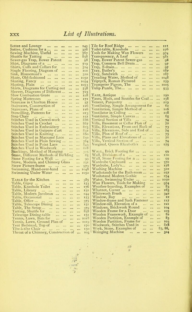 Settee and Lounge 149 Tile for Roof Ridge ... in Settee, Cushions for a 378 Toilet-table, Kneehole ..; ... 176 Sewing Machine, Useful 767 Tools for Making Wax Flowers ... 974 Shuttle for Tatting 858 Transparency,A Leaf ... 981 Sewer-gas Trap, Bower Patent 98 Trap, Bower Patent Sewer-gas ... 98 Shirt, Diagrams of a 719 Trap, Common Bell Drain ... 97 Shirts, Cuffs and Collars for 724 Trap, S-drain ... 97 Single Flooring, Diagram of 101 Tray, Butler’s ... 187 Sink, Housemaid’s 310 Tray, Sandwich ... 187 Skate, Old-fashioned 1052 Treading Water, Method of ... 1048 Skating, Fancy 1054 Triptych, Roman Pictured ... 259 Skating, Plain ... ioS3 Trumpeter Pigeon, The ... 1005 Skirts, Diagrams for Cutting out ... 738 Tulip Puzzle, The - 933 Sleeves, Diagrams of Different 7r5 Slow Combustion Grate 128 Vase, Antique ... 290 Spring Mattresses 171 Vases, Hods, and Scuttles for Coal... ... 158 Staircase in Charlton House 57 Veneer, Parquetry ... 219 Staircases, Construction of 116 Ventilating, Simple Arrangement for ... 62 Staircases, Plans of n6 Ventilation, Simple Method of ... 106 Stencilling, Patterns for 213 Ventilator in Ceiling ... 108 Step Chair 151 Ventilator, Simple Canvas ... 65 Stitches Used in Crewel-work 886 Vertical Section of Villa ... 74 Stitches Used in Crochet 867 Villa, Basement or Cellar Plan of ... ... 72 Stitches Used in Embroidery 823 Villa, Elevations, Front and Back of ••• 73 Stitches Used in Guipure d’art 832 Villa, Elevations, Side and End of ... ... 74 Stitches Used in Knitting 860 Villa, Plan of Roof of ••• 75 Stitches Used in Macrame Lace 850 Villa, Plans and Elevations of ... 71 Stitches Used in Plain Sewing ... ... 764 Villa, Vertical Section of ... 74 Stitches Used in Point Lace 843 Verginal, Queen Elizabeth’s ... 275 Stitches Used in Woolwork 818 Stockings, Method of Hanging 325 Wall, Brick Footing for ... 99 Stone, Different Methods of Budding 85 Wall, Divisions of a ... 120 Stone Footing for a Wall 99 Wall, Stone Footing for a ... 99 Stove, Modern, and Chimney Glass 251 Wardrobe Cupboard ... 370 Straw Picture-frame 973 Wardrobe, Lady’s ... 178 Swimming, Hand-over-hand 1048 Washing Machine ... 322 Swimming Under Water ... 1050 Washstands for the Bath-room ... 257 Washstand Modern Gothic ... 254 Table for the Kitchen 385 Water, Swimming Under ... 1050 Table, Gipsy 153 Wax Flowers, Tools for Making ... 974 Table, Kneehole Toilet 176 Weather-boarding, Examples of ... 83 Table, Library 152 Whatnot, Corner ... 163 Table, Modern Jacobean 244 Whitewash Brush ... 342 Table, Occasional 153 Window, Bay ... 12 Table, Office 375 Window-frame and Sash Fastener ... ... 117 Table, Telescope Dining 151 Window-sill, Elevation of a ... 121 Table, The Scrap ... 379 Windows, Brickwork Round ... 104 Tatting, Shuttle for 858 Wooden Frame for a Door ... 103 Telescope Dining-table 151 Wooden Framework, Example of ... ... 82 Tennis, Lawn, Bats for 1018 Wooden Partition, Example of ... 83 Tennis, Lawn, Ground Plan of • •• 1019 Wooden Partition, Frame for ... 103 Tent Bedstead, Top of 170 Woolwork, Stitches Used in ... 818 Tete-a-tete Chair 150 Work, Stone, Examples of 85, 86, Throat of a Chimney, Construction of i°5 1 Wringing Machine ... 324