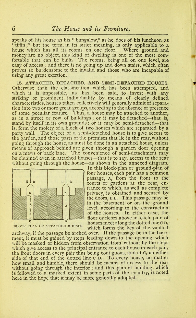 speaks of his house as his “ bungalow,” as he does of his luncheon as “tiffin;” but the term, in its strict meaning, is only applicable to a house which has all its rooms on one floor. Where ground and money are no object, this kind of dwelling is one of the most com- fortable that can be built. The rooms, being all on one level, are easy of access ; and there is no going up and down stairs, which often proves so burdensome to the invalid and those who are incapable of using any great exertion. 15. ATTACHED, DETACHED, AND SEMI-DETACHED HOUSES. Otherwise than the classification which has been attempted, and which it is impossible, as has been said, to invest with any striking or prominent individuality by means of clearly defined characteristics, houses taken collectively will generally admit of separa- tion into two or more great groups, according to the absence or presence of some peculiar feature. Thus, a house may be attached to another, as in a street or row of buildings ; or it may be detached—that is, stand by itself in its own grounds; or it may be semi-detached—that is, form the moiety of a block of two houses which are separated by a party wall. The object of a semi-detached house is to give access to the garden, and those parts of the premises that lie in the rear, without going through the house, as must be done in an attached house, unless means of approach behind are given through a garden door opening on a mews or back lane. The convenience of semi-detachment may be obtained even in attached houses—that is to say, access to the rear without going through the house—as shown in the annexed diagram. In this block-plan or ground-plan of four houses, each pair has a common passage, A, from the front to the courts or gardens at the rear, en- trance to which, as well as complete privacy, is obtained and secured by the doors, B B. This passage may be in the basement or on the ground level, according to the construction of the houses. In either case, the floor or floors above in each pair of houses meet along the dotted line C D, which forms the key of the vaulted archway, if the passage be arched over. If the passage be in the base- ment, it must be gained by steps leading down to the opening, which will be masked or hidden from observation from without by the steps which give access to the principal entrance to each house in each pair, the front doors in every pair thus being contiguous, and at C, on either side of that end of the dotted line C D. To every house, no matter how small and humble, there should be means of access to the rear without going through the interior; and this plan of building, which is followed to a marked extent in some parts of the country, is noted here in the hope that it may be more generally adopted.