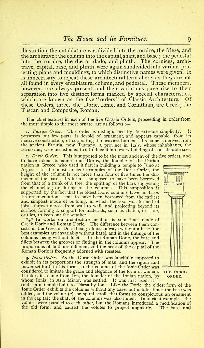 illustration, the entablature was divided into the cornice, the frieze, and the architrave; the column into the capital, shaft, and base ; the pedestal into the cornice, the die or dado, and plinth. The cornices, archi- trave, capital, base, and plinth were again subdivided into various pro- jecting plans and mouldings, to which distinctive names were given. It is unnecessary to repeat these architectural terms here, as they are not all found in every entablature, column, and pedestal. These members, however, are always present, and their variations gave rise to their separation into five distinct forms marked by special characteristics, which are known as the five “ orders ” of Classic Architecture. Of these Orders, three, the Doric, Ionic, and Corinthian, are Greek, the Tuscan and Composite, Roman. The chief features in each of the five Classic Orders, proceeding in order from the most simple to the most ornate, are as follows :— x. Tuscan Order. This order is distinguished by its extreme simplicity. It possesses but few parts, is devoid of ornament, and appears capable, from its massive construction, of supporting the heaviest burden. Its name is derived from the ancient Etruria, now Tuscany, a province in Italy, whose inhabitants, the Etruscans, were accustomed to introduce it into every building of considerable size. 2. Doric Order. This is supposed to be the most ancient of the five orders, and to have taken its name from Dorns, the founder of the Dorian nation in Greece, who used it first in building a temple to Juno at Argos. In the most ancient examples of the Doric Order, the height of the column is not more than four or five times the dia- meter of the base. Its form is supposed to have been borrowed from that of a trunk of a tree, the splitting of the bark suggesting the channelling or fluting of the columns. This supposition is supported by the fact that the oldest Doric columns have no base. Its ornamentation seems to have been borrowed from the earliest and simplest mode of building, in which the roof was formed of joists thrown across from wall to wall, and projecting beyond its surface, forming a support for materials, such as thatch, or slate, or tiles, to keep out the weather. *** In works on architecture mention is sometimes made of Greek Doric and Roman Doric. The difference between them con- sists in the Grecian Doric being almost always without a base (the best examples are invariably without base), and in the flutings of the columns being without fillets. In the Roman Doric, the base and fillets between the grooves or flutings in the columns appear. The proportions of both are different, and the neck of the capital of the Roman Doric is frequently adorned with rosettes. 3. Ionic Order. As the Doric Order was fancifully supposed to exhibit in its proportions the strength of man, and the vigour and power set forth in his form, so the column of the Ionic Order was considered to imitate the grace and elegance of the form of woman, the DORIC It takes its name from Ion, the founder of the Ionian nation, by ORDER, whom Ionia, in Asia Minor, was settled. It was first used, it is said, in a temple built to Diana by Ion. Like the Doric, the oldest form of the Ionic Order exhibits the columns without any base, but in later times the base was added, and the volute (a), or spiral scroll, that forms so conspicuous an ornament in the capital: the shaft of the columns was also fluted. In ancient examples, the volutes were parallel to each other, but the Romans introduced a modification of the old form, and caused the volutes to project angularly. The base and