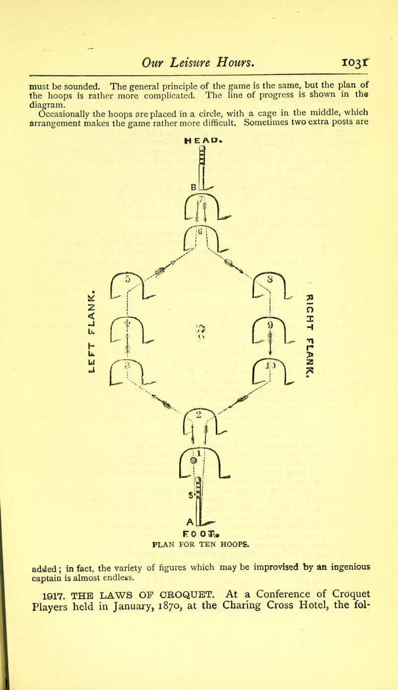 must be sounded. The general principle of the game is the same, but the plan of the hoops is rather more complicated. The line of progress is shown in the diagram. Occasionally the hoops are placed in a circle, with a cage in the middle, which arrangement makes the game rather more difficult. Sometimes two extra posts are H E AD* F 0 0 PLAN FOR TEN HOOPS. added; in fact, the variety of figures which may be improvised by an ingenious captain is almost endless. 1917. THE LAWS OF CROQUET. At a Conference of Croquet Players held in January, 1870, at the Charing Cross Hotel, the fol-