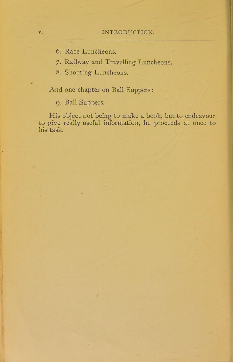 6. Race Luncheons. 7. Railway and Travelling Luncheons. 8. Shooting Luncheons. And one chapter on Ball Suppers: 9. Ball Suppers. His object not being to make a book, but to endeavour to give really useful information, he proceeds at once to his task.