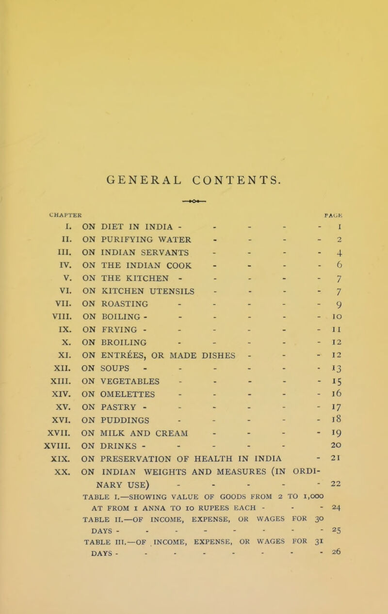 GENERAL CONTENTS. CHAPTER PAGE I. ON DIET IN INDIA - - - - - I II. ON PURIFYING WATER - - - 2 III. ON INDIAN SERVANTS - - - - 4 IV. ON THE INDIAN COOK - - - - 6 V. ON THE KITCHEN - - - - 7 VI. ON KITCHEN UTENSILS - - - - 7 VII. ON ROASTING - - - - - 9 VIII. ON BOILING- - - - - - JO IX. ON FRYING - - - - - - II X. ON BROILING - - - - - 12 XI. ON ENTREES, OR MADE DISHES - - - 12 XII. ON SOUPS - - - - - -13 XIII. ON VEGETABLES - - - - - 15 XIV. ON OMELETTES - - - - - 16 XV. ON PASTRY - - - - - - 17 XVI. ON PUDDINGS - - - - - l8 XVII. ON MILK AND CREAM - - - - 19 XVIII. ON DRINKS ----- 20 XIX. ON PRESERVATION OF HEALTH IN INDIA - 21 XX. ON INDIAN WEIGHTS AND MEASURES (IN ORDI- NARY USE) - - - - - 22 TABLE I.—SHOWING VALUE OF GOODS FROM 2 TO 1,000 AT FROM I ANNA TO IO RUPEES EACH - - - 24 TABLE II.—OF INCOME, EXPENSE, OR WAGES FOR 30 DAYS - - - - - - ' -25 TABLE III.—OF INCOME, EXPENSE, OR WAGES FOR 31 DAYS - - - - - - - - 26