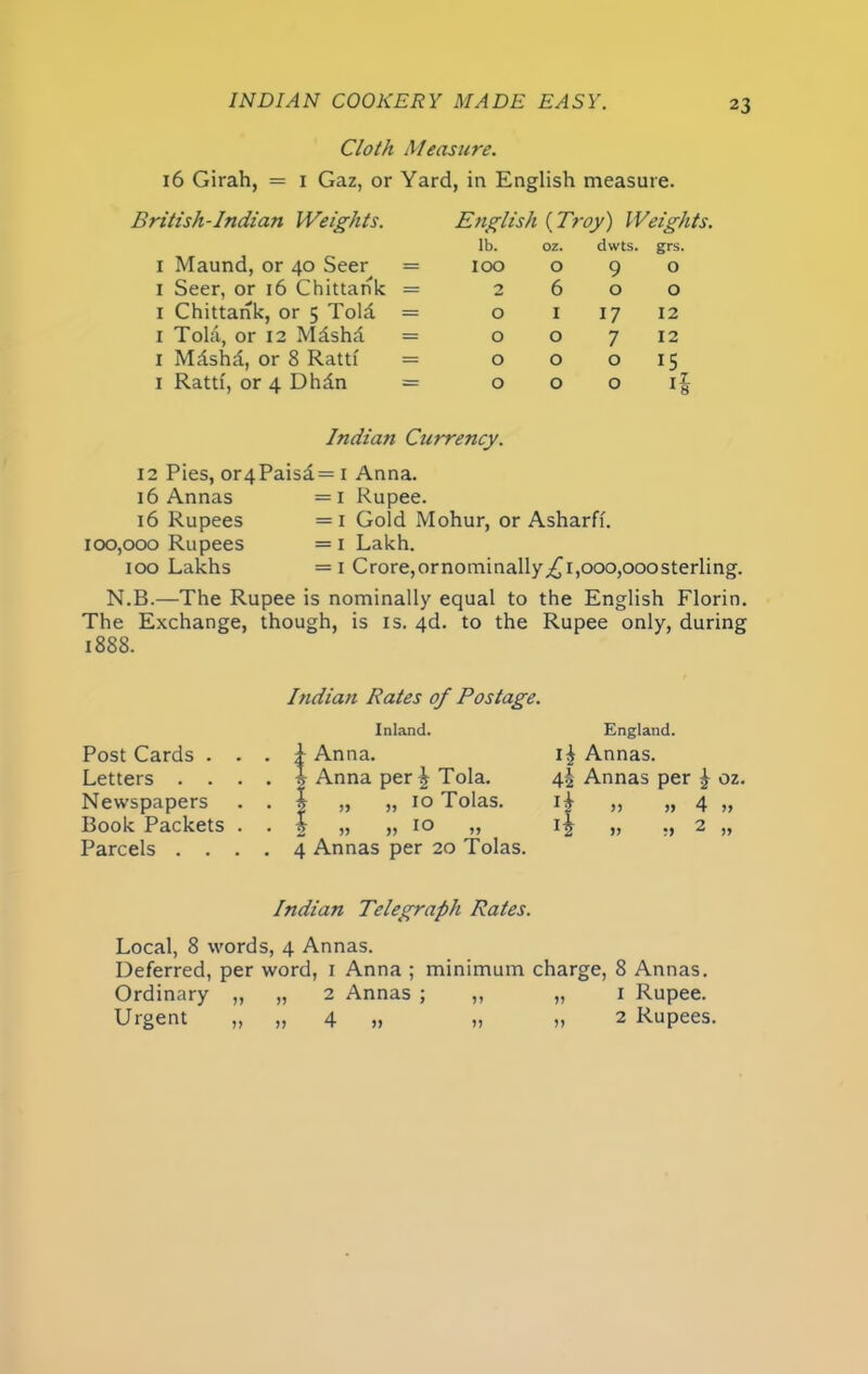Cloth Measure. 16 Girah, = 1 Gaz, or Yard, in English measure. British-Indian Weights. English {Troy) Weights. lb. 0 z. dwts. grs. 1 Maund, or 40 Seer = 100 0 9 O 1 Seer, or 16 Chittank = 2 6 0 O 1 Chittank, or 5 Told = 0 1 17 12 1 Tola, or 12 Mdshd = 0 0 7 12 1 Mdshd, or 8 Rattf = 0 0 0 15 1 Ratti, or 4 Dhdn = 0 0 0 Indian Currency. 12 Pies, or4Paisd= 1 Anna. 16 Annas = 1 Rupee. 16 Rupees = 1 Gold Mohur, or Asharff. 100,000 Rupees = 1 Lakh. 100 Lakhs = 1 Crore,ornominally^i,ooo,ooosterling. N.B.—The Rupee is nominally equal to the English Florin. The Exchange, though, is is. 4d. to the Rupee only, during 1888. Indian Rates of Postage. Inland. England. Post Cards . . . 4 Anna. 1^ Annas. Letters . . . . % Anna per ^ Tola. 4! Annas per £ oz. Newspapers . | „ „ 10 Tolas. >> » 4 » Book Packets . • 2 r> » I® ,, v ;j 2 „ Parcels . . . . 4 Annas per 20 Tolas. Indian Telegraph Rates. Local, 8 word s, 4 Annas. Deferred, per word, 1 Anna ; minimum charge, 8 Annas. Ordinary „ „ 2 Annas ; ,, „ 1 Rupee. Urgent „ „ 4 „ » » 2 Rupees.