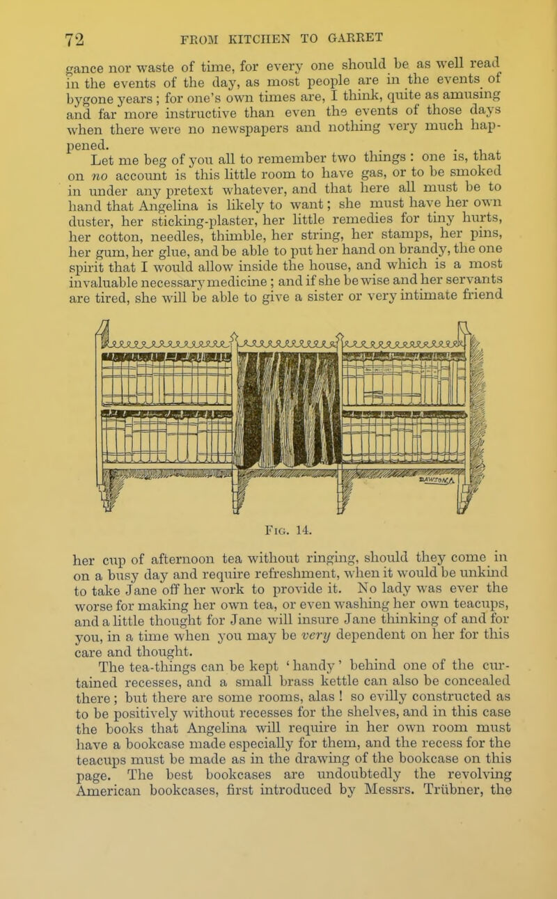 gance nor waste of time, for every one should be as well read in the events of the day, as most people are in the events of bygone years ; for one’s own times are, I think, quite as amusing and far more instructive than even the events of those days when there were no newspapers and nothing very much hap- pened. Let me beg of you all to remember two things : one is, that on no account is this little room to have gas, or to be smoked in under any pretext whatever, and that here all must be to hand that Angelina is likely to want; she must have her o\\ n duster, her sticking-plaster, her little remedies for tiny hurts, her cotton, needles, thimble, her string, her stamps, her pins, her gum, her glue, and be able to put her hand on brandy, the one spirit that I would allow inside the house, and which is a most invaluable necessary medicine; and if she be wise and her servants are tired, she will be able to give a sister or very intimate friend Fig. 14. her cup of afternoon tea without ringing, should they come in on a busy day and require refreshment, when it would be unkind to take Jane off her work to provide it. No lady was ever the worse for making her own tea, or even washing her own teacups, and a little thought for Jane will insure Jane thinking of and for you, in a time when you may be very dependent on her for this care and thought. The tea-things can be kept ‘ handy ’ behind one of the cur- tained recesses, and a small brass kettle can also be concealed there; but there are some rooms, alas ! so evilly constructed as to be positively without recesses for the shelves, and in this case the books that Angelina will require in her own room must have a bookcase made especially for them, and the recess for the teacups must be made as in the drawing of the bookcase on this page. The best bookcases are undoubtedly the revolving American bookcases, first introduced by Messrs. Triibner, the