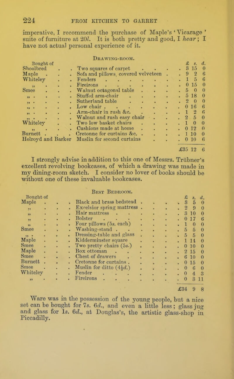 imperative, I recommend the purchase of Maple’s ‘ Vicarage ’ suite of furniture at 20Z. It is both pretty and good, I hear ; I have not actual personal experience of it. Drawing-room. Bought of Shoolbred M aple Whiteley Sraee Whiteley Burnett Holroyd and Barker £ s. d. Two squares of carpet . 3 15 0 Sofa and pillows, covered velveteen . . 9 2 6 Fenders . 1 5 6 Fireirons . 0 15 0 Walnut octagonal table . 5 0 0 Stuffed arm-chair .... . 5 18 0 Sutherland table .... . 2 0 0 Low chair . 0 16 6 Arm-chair in rush &e. . 1 2 6 Walnut and rush easy chair . 2 5 0 Two low basket chairs . 1 0 0 Cushions made at home . 0 12 0 Cretonne for curtains &c. . . 1 10 0 Muslin for second curtains . 0 10 6 £35 12 6 I strongly advise in addition to this one of Messrs. Triibner’s excellent revolving bookcases, of which a drawing was made in my dining-room sketch. I consider no lover of books should be without one of these invaluable bookcases. Bought of Best Bedroom. Maple . Black and brass bedstead » • . Excelsior spring mattress » * • . Hair mattress J> • • . Bolster P • • . Four pillows (5s. each) Smee . Washing-stand . • • • . Dressing-table and glass Maple . Kidderminster square Smee . Two pretty chairs (5s.) Maple . Box ottoman Smee . Chest of drawers Burnett . . Cretonne for curtains . Smee . Muslin for ditto (4L/.) Whiteley . Fender J> • * . Fireirons . £ s. d. 3 5 0 2 9 0 3 10 0 0 17 6 10 0 5 5 0 5 5 0 1 11 0 0 10 0 2 15 0 6 10 0 0 15 0 0 6 0 0 4 3 0 3 11 £34 9 8 Ware was in the possession of the young people, but a nice set can be bought for 7s. Gd., and even a little less; glass jug and glass for Is. 6d., at Douglas’s, the artistic glass-shop in Piccadilly. 1