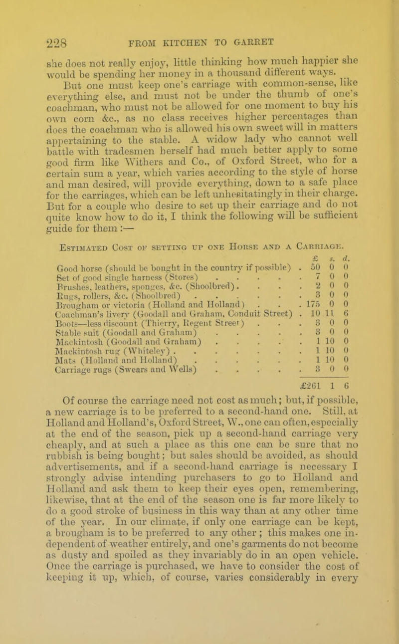 she does not really enjoy, little thinking how much happier she would be spending her money in a thousand different ways. But one must keep one’s carriage with common-sense, like everything else, and must not be under the thumb of one s coachman, who must not be allowed for one moment to buy his own corn &c., as no class receives higher percentages than does the coachman who is allowed his own sweet will in matters appertaining to the stable. A widow lady who cannot well battle with tradesmen herself had much better apply to some good firm like Withers and Co., of Oxford Street, who for a certain sum a year, which varies according to the style of horse and man desired, will provide everything, down to a safe place for the carriages, which can be left unhesitatingly in their charge. But for a coitple who desire to set up their carriage and do not quite know how to do it, I think the following will be sufficient guide for them :— Estimated Cost of setting up one House and a Carriage. Good horse (should be bought in the country if possible) Set of good single harness (Stores) .... brushes, leathers, sponges, &c. (Shoolbred) . Rugs, rollers, &c. (Shoolbred) ..... brougham or victoria (Holland and Holland) Coachman’s livery (Goodall and Graham, Conduit Street) Boots—less discount (Thierry, Regent Street) Stable suit (Goodall and Graham) .... Mackintosh (Goodall and Graham) .... Mackintosh rug (Whitelev) Mats (Holland and Holland) Carriage rugs (Swears and Wells) .... £ *. d. 50 0 0 7 0 0 ‘2 0 0 3 0 0 175 0 0 10 11. 6 3 0 0 3 0 0 1 10 0 1 10 0 1 10 0 3 0 0 £2G1 1 G Of course the carriage need not cost as much; but, if possible, a new carriage is to be preferred to a second-hand one. Still, at Holland and Holland’s, Oxford Street, W., one can often, especially at the end of the season, pick up a second-hand carriage very cheaply, and at such a place as this one can be sure that no rubbish is being bought; but sales should be avoided, as should advertisements, and if a second-hand carriage is necessary I strongly advise intending purchasers to go to Holland and Holland and ask them to keep their eyes open, remembering, likewise, that at the end of the season one is far more likely to do a good stroke of business in this way than at any other time of the year. In our climate, if only one carriage can be kept, a brougham is to be preferred to any other ; this makes one in- dependent of weather entirely, and one’s garments do not become as dusty and spoiled as they invariably do in an open vehicle. Once the carriage is purchased, we have to consider the cost of keeping it up, which, of course, varies considerably in every