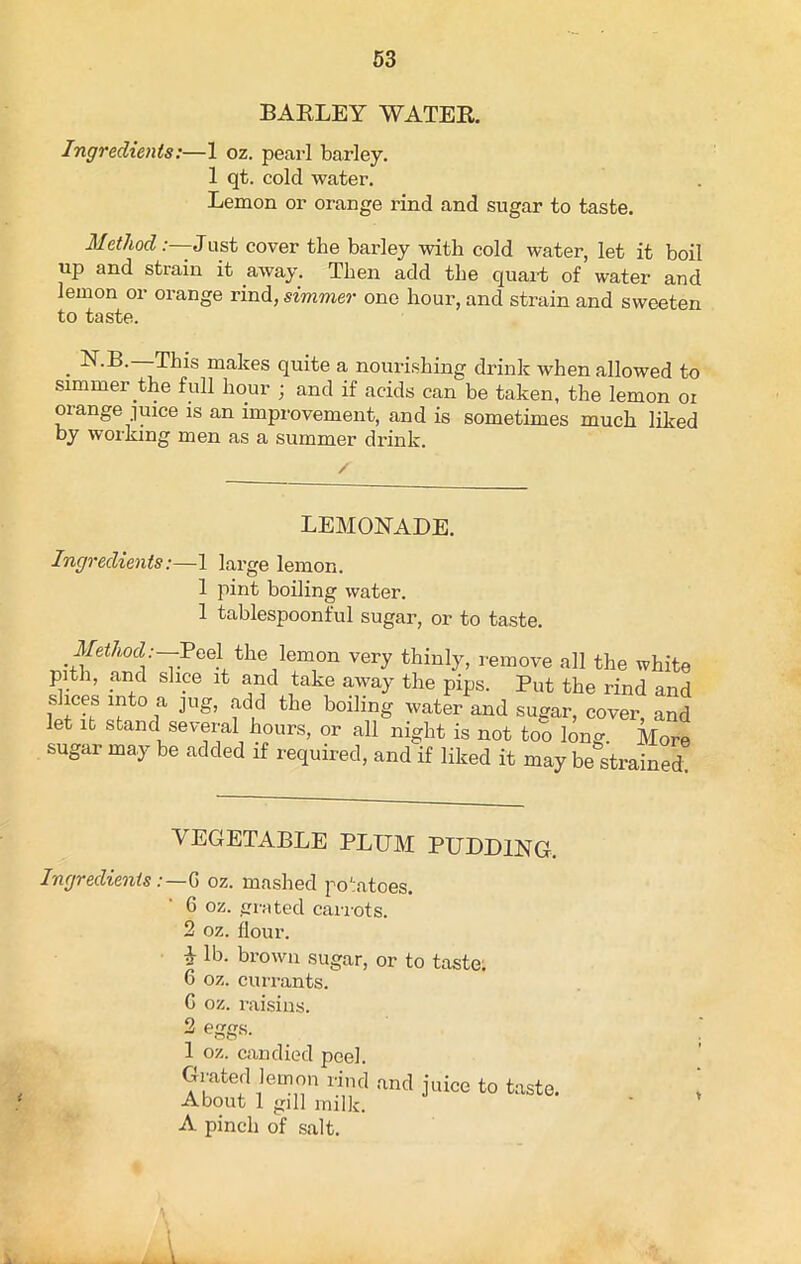 BARLEY WATER. Ingredients:—1 oz. pearl barley. 1 qt. cold water. Lemon or orange rind and sugar to taste. Method: Just cover the barley with cold water, let it boil up and strain it away. Then add the quart of water and lemon or orange rind, simmer one hour, and strain and sweeten to taste. . N.B.—This makes quite a nourishing drink when allowed to simmer the full hour ; and if acids can be taken, the lemon oi orange juice is an improvement, and is sometimes much liked by working men as a summer drink. LEMONADE. Ingredients:—1 large lemon. 1 pint boiling water. 1 tablespoonful sugar, or to taste. Method:—the lemon very thinly, remove all the white pith, and slice it and take away the pips. Put the rind and slices into a jug, add the boiling water and sugar, cover, and let it stand several hours, or all night is not too long. More sugar may be added if required, and if liked it may be strained VEGETABLE PLUM PUDDING Ingredients: G oz. mashed potatoes. 6 oz. grated carrots. 2 oz. flour. j lb. brown sugar, or to taste. 6 oz. currants. G oz. raisins. 2 eggs. 1 oz. candied peel. Grated lemon rind and juice to tast About 1 gill milk. A pinch of salt. V