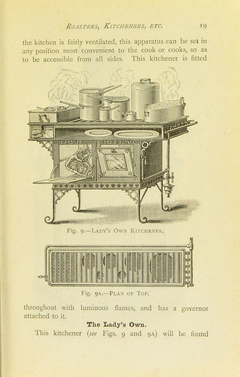 the kitchen is fairly ventilated, this apparatus can be set in any position most convenient to the cook or cooks, so as to be accessible from all sides. This kitchener is fitted Fig. 9A.—Plan of Top. throughout with luminous flames, and has a governor attached to it. The Lady’s Own. This kitchener (see Figs. 9 and 9A) will be found Fig- 9-—Lady’s Own Kitchener.