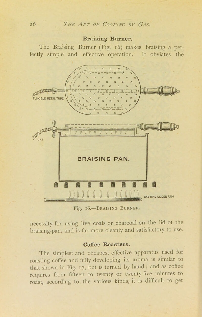 Braising Burner. The Braising Burner (Fig. 16) makes braising a per- fectly simple and effective operation. It obviates the necessity for using live coals or charcoal on the lid ot the braising-pan, and is far more cleanly and satisfactory to use. Coffee Roasters. The simplest and cheapest effective apparatus used for roasting coffee and fully developing its aroma is similar to that shown in Fig. 17, but is turned by hand ; and as coffee requires from fifteen to twenty or twenty-five minutes to roast, according to the various kinds, it is difficult to get
