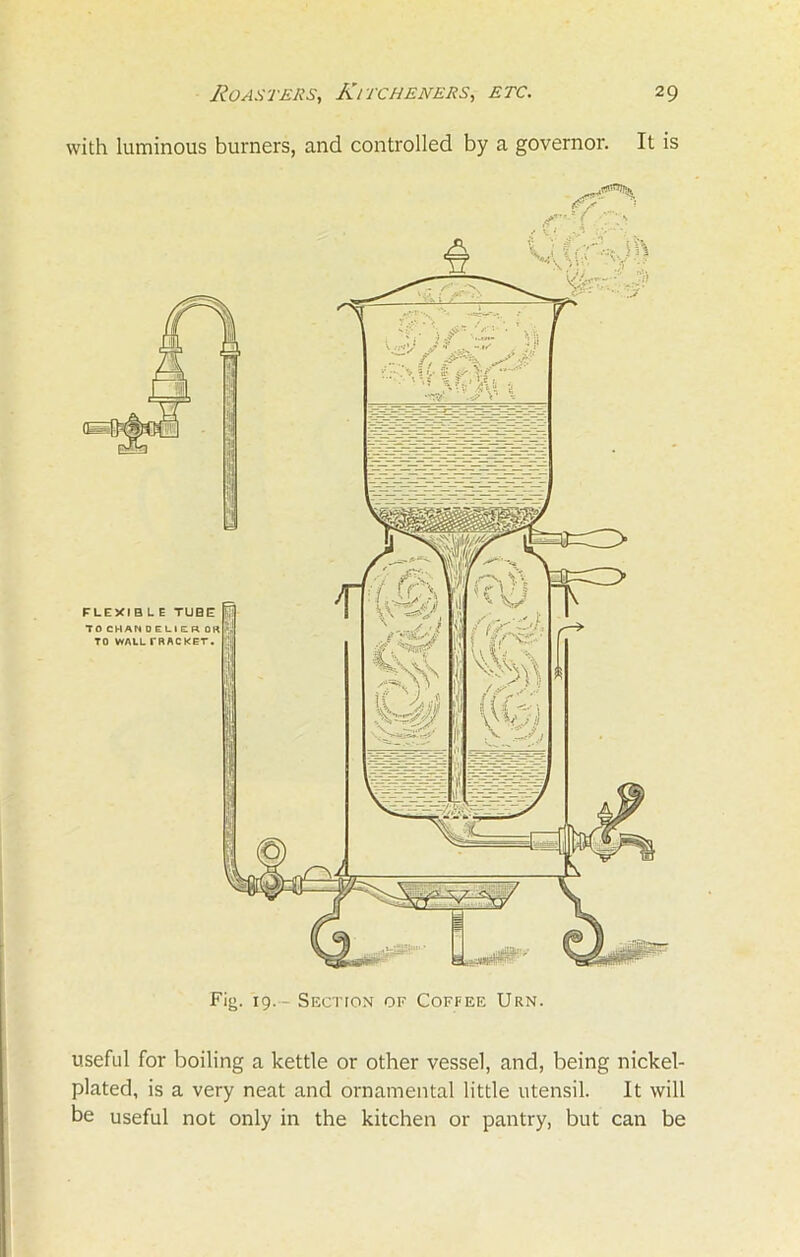 with luminous burners, and controlled by a governor. It is Fig. 19.- Section of Coffee Urn. useful for boiling a kettle or other vessel, and, being nickel- plated, is a very neat and ornamental little utensil. It will be useful not only in the kitchen or pantry, but can be