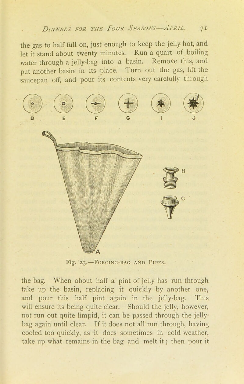 the gas to half full on, just enough to keep the jelly hot, and let it stand about twenty minutes. Run a quart of boiling water through a jelly-bag into a basin. Remove this, and put another basin in its place. Turn out the gas, lift the saucepan off, and pour its contents very carefully through Fig. 23.—Forcing-bag and Pipes. the bag. When about half a pint of jelly has run through take up the basin, replacing it quickly by another one, and pour this half pint again in the jelly-bag. This will ensure its being quite clear. Should the jelly, however, not run out quite limpid, it can be passed through the jelly- bag again until clear. If it does not all run through, having cooled too quickly, as it does sometimes in cold weather, take up what remains in the bag and melt it; then pour it