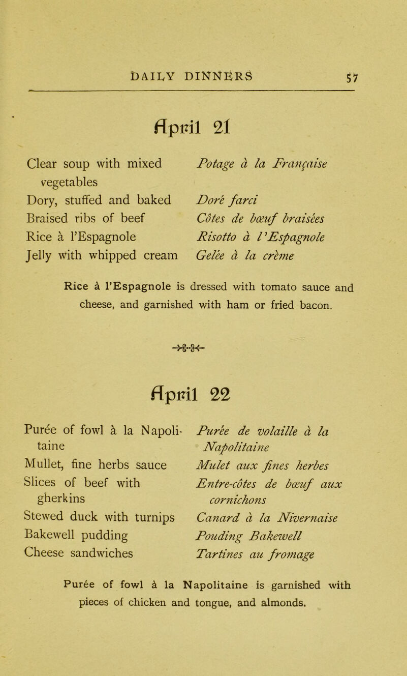 April 21 Clear soup with mixed vegetables Dory, stuffed and baked Braised ribs of beef Rice a l’Espagnole Jelly with whipped cream Potage a la Eranfaise Dore farci Cotes de bosuf braisees Risotto d PEspagnole Gelee a la creme Rice a l’Espagnole is dressed with tomato sauce and cheese, and garnished with ham or fried bacon. April 22 Puree of fowl a la Napoli- taine Mullet, fine herbs sauce Slices of beef with gherkins Stewed duck with turnips Bakewell pudding Cheese sandwiches Puree de volatile a la Napolitaine Mulet aux fines herbes Entre-cotes de bceuf aux cornichons Canard a la Nivernaise Ponding Bakewell Tartines au frontage Puree of fowl k la Napolitaine is garnished with pieces of chicken and tongue, and almonds.