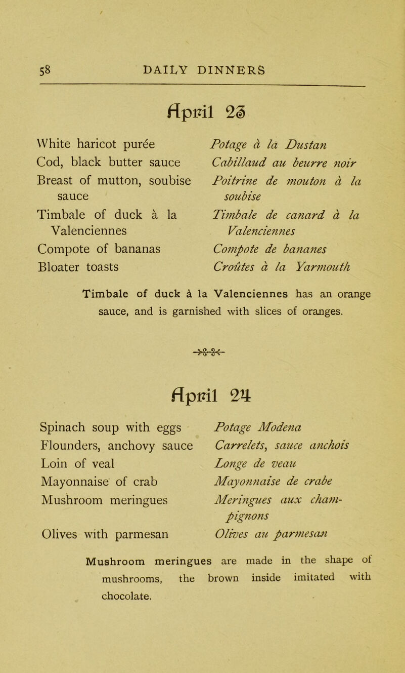 flpml 23 White haricot purde Cod, black butter sauce Breast of mutton, soubise sauce Timbale of duck a la Valenciennes Compote of bananas Bloater toasts Pot age a la Dust an Cabillaud au beurre noir Poitrine de mouton a la soubise Timbale de canard ct la Valenciennes Compote de bananes Crotltes a la Yarmouth Timbale of duck a la Valenciennes has an orange sauce, and is garnished with slices of oranges. -HrHH- flpitil 2U Spinach soup with eggs Flounders, anchovy sauce Loin of veal Mayonnaise of crab Mushroom meringues Olives with parmesan Potage Modena Carrelets, sauce anchois Longe de veau Mayonnaise de crabe Meringues aux cham- pignons Olives au parmescui Mushroom meringues are made in the shape ot mushrooms, the brown inside imitated with chocolate.