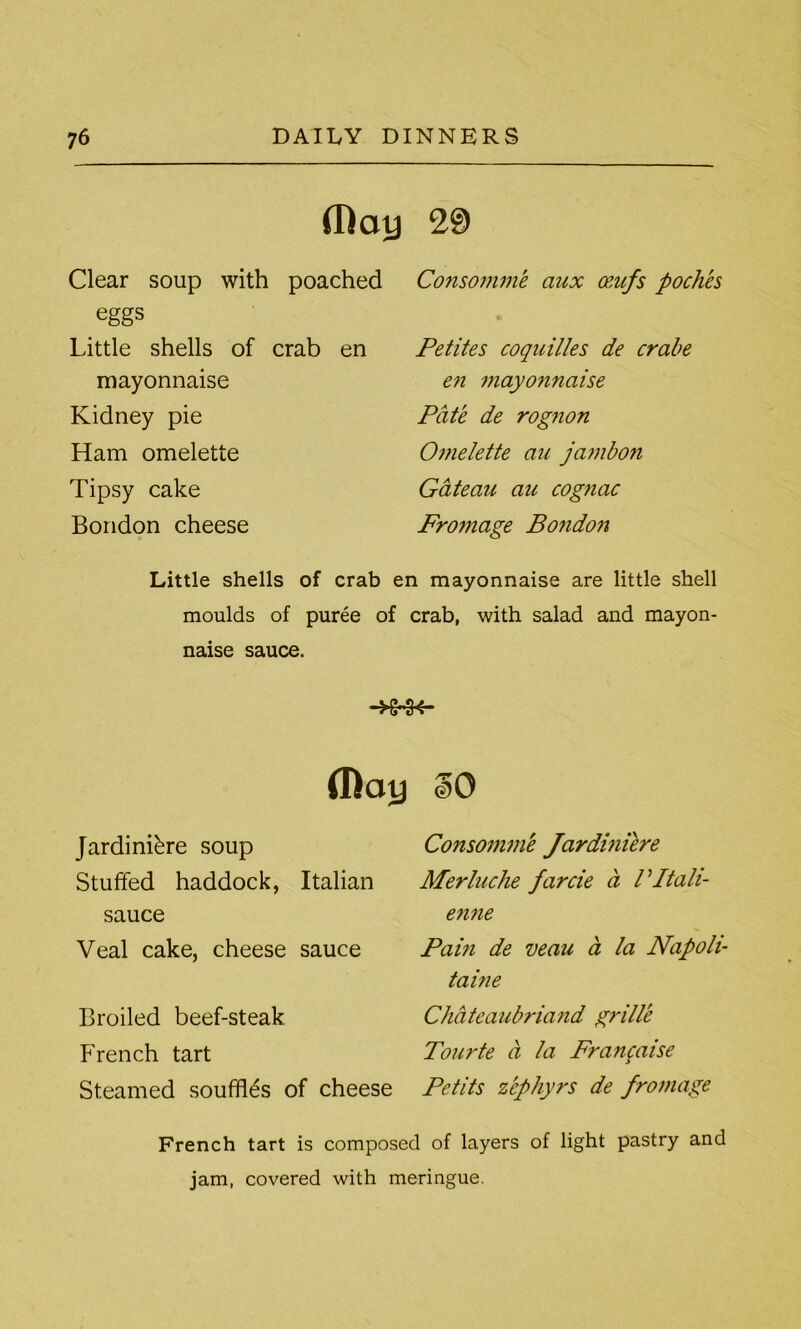 (Ray 29 Clear soup with poached eggs Little shells of crab en mayonnaise Kidney pie Ham omelette Tipsy cake Bondon cheese Consomme aux oeufs poches Petites coquilles de crabe en mayo7inaise Pate de rognon Omelette an jambon Gateau au cognac Fromage Bo?idon Little shells of crab en mayonnaise are little shell moulds of puree of crab, with salad and mayon- naise sauce. (Roy SO Jardiniere soup Stuffed haddock, Italian sauce Veal cake, cheese sauce Broiled beef-steak French tart Steamed souffles of cheese Consomme Jardmiere Merluche farcie a IPtali- enne Pain de veau a la Napoli- taine Chateaubriand grille Tourte ct la Francaise Petits zephyrs de fromage French tart is composed of layers of light pastry and jam, covered with meringue.