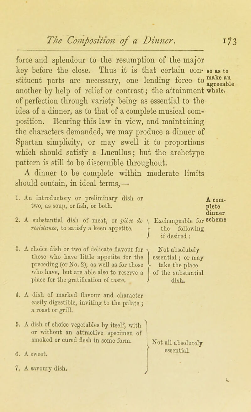 force and splendour to the resumption of the major key before the close. Thus it is that certain con- so as to stituent parts are necessary, one lending force to another by help of relief or contrast; the attainment whole, of perfection through variety being as essential to the idea of a dinner, as to that of a complete musical com- position. Bearing this law in view, and maintaining the characters demanded, we may produce a dinner of Spartan simplicity, or may swell it to proportions which should satisfy a Lucullus; but the archetype pattern is still to be discernible throughout. A dinner to be complete within moderate limits should contain, in ideal terms,— 1. An introductoi-y or preliminary dish or two, as soup, or fish, or both. 2, A substantial dish of meat, or jji'ece de ' resistance, to satisfy a keen appetite. A com- plete dinner Exchangeable for scheme the following if desired: o A choice dish or two of delicate flavour for tliose who have little appetite for the preceding (or No. 2), as well as for those who have, but are able also to reserve a place for the gratification of taste. \ Not absolutely essential; or may - take the place of the substantial dish. i. A dish of marked flavour and character easily digestible, inviting to the palate ; a roast or gi’ill. 5. A dish of choice vegetables by itself, with or without an attractive specimen of smoked or cured flesh in some form. 6. A sweet. 7. A savoury dish. / Not all absolutely essential.