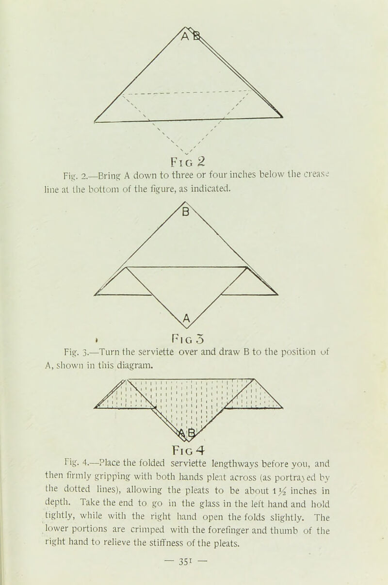 N / Fig 2 Fig-. 2.—Bring A down to three or four inches below the crease line at the bottom of the figure, as indicated. » Fig 5 Fig. 3.—Turn the serviette over and draw B to the position of A, shown in this diagram. big. 4.—Place the folded serviette lengthways before you, and then firmly gripping with both hands pleat across (as portrayed by the dotted lines), allowing the pleats to be about \ )A inches in depth. Take the end to go in the glass in the left hand and hold tightly, while with the right hand open the folds slightly. The lower portions are crimped with the forefinger and thumb of the right hand to relieve the stiffness of the pleats. — 35i —