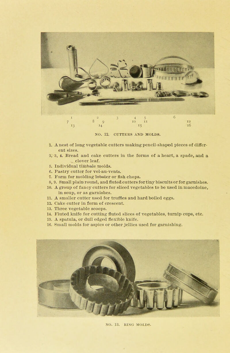 1. A nest of long vegetable cutters making pencil-sbaped pieces of differ- ent sizes. 2, 3, 4. Bread and cake cutters in the forms of a heart, a spade, and a „ clover leaf. 5. Individual timbale molds. C. Pastry cutter for vol-au-vents. 7. Form for moldiug lobster or fish chops. 8, 9. Small plain round, and fluted cutters for tiny biscuits or for garnishes. 10. A group of fancy cutters for sliced vegetables to be used in macedoine, in soup, or as garnishes. 11. A sm.aller cutter used for truifles and hard boiled eggs. 12. Cake cutter in form of crescent. 13. Three vegetable scoops. 14. Fluted Icnife for cutting fluted slices of vegetables, turnip cups, etc. 16. A spatula, or dull edged flexible knife. 16. Small molds for aspics or other jellies used for garnishing. NO. 13. UIN(i MOLDS.