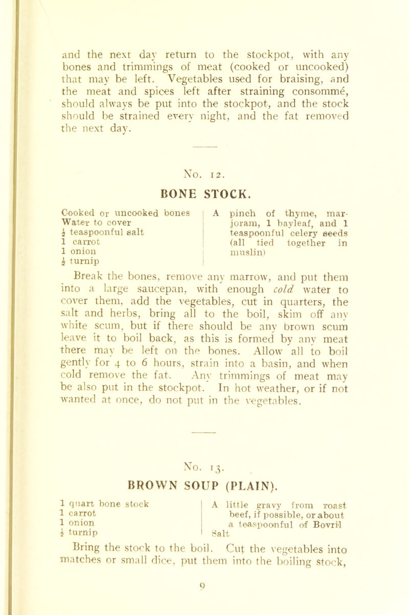 and the next day return to the stockpot, with any bones and trimmings of meat (cooked or uncooked) that may be left. Vegetables used for braising, and the meat and spices left after straining consomme, should always be put into the stockpot, and the stock should be strained every night, and the fat removed the next day. No. 12. BONE STOCK. Cooked or uncooked bones A pinch of thyme, mar- Water to cover joram, 1 bayleaf, and 1 2 teaspoonful salt i teaspoonful celery seeds 1 carrot I (all tied together in 1 onion muslin) 5 turnip Break the bones, remove any marrow, and put them into a large saucepan, with enough cold water to cover them, add the vegetables, cut in quarters, the salt and herbs, bring all to the boil, skim off any white scum, but if there should be any brown scum leave it to boil back, as this is formed by anv meat there may be left on the bones. Allow all to boil gently for 4 to 6 hours, strain into a basin, and when cold remove the fat. Any trimmings of meat may be also put in the stockpot. In hot weather, or if not wanted at once, do not put in the vegetables. No. 13. BROWN SOUP (PLAIN). 1 quart bone stock 1 carrot 1 onion i turnip A little gravy from roast beef, if possible, or about a teas-poanful off Bovri'l Salt Bring the stork to the boil. Cuf the vegetables into matches or small dice, put them into the boiling stock, 0