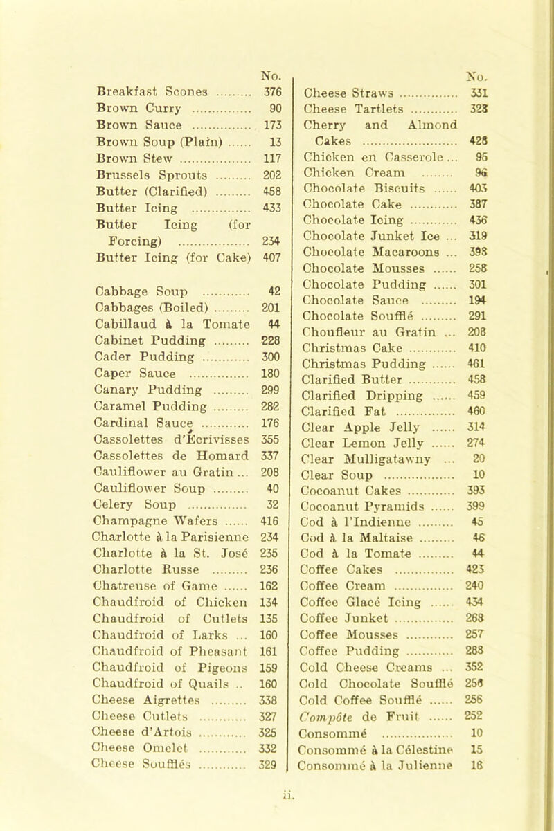 Breakfast Scones Brown Curry Brown Sauce Brown Soup (Plain) Brown Stew Brussels Sprouts Butter (Clarified) Butter Icing Butter Icing (for Forcing) Butter Icing (for Cake) Cabbage Soup Cabbages (Boiled) Cabillaud k la Tomate Cabinet Pudding Cader Pudding Caper Sauce Canary Pudding Caramel Pudding Cardinal Sauce Cassolettes d’Ecrivisses Cassolettes de Homard Cauliflower au Gratin ... Cauliflower Soup Celery Soup Champagne Wafers Charlotte <\ la Parisienne Charlotte a la St. Jose Charlotte Russe Ch&treuse of Game Chaudfroid of Chicken Chaudfroid of Cutlets Chaudfroid of Larks ... Chaudfroid of Pheasant Chaudfroid of Pigeons Chaudfroid of Quails .. Cheese Aigrettes Cheese Cutlets Cheese d’Artois Cheese Omelet Cheese Souffles So. Cheese Straws 531 Cheese Tartlets 323 Cherry and Almond Cakes 428 Chicken en Casserole ... 95 Chicken Cream 96 Chocolate Biscuits 405 Chocolate Cake 387 Chocolate Icing 436 Chocolate Junket Ice ... 319 Chocolate Macaroons ... 393 Chocolate Mousses 258 Chocolate Pudding 301 Chocolate Sauce 194 Chocolate Souffle 291 Choufleur au Gratin ... 208 Christmas Cake 410 Christmas Pudding 401 Clarified Butter 458 Clarified Dripping 459 Clarified Fat 460 Clear Apple Jelly 314 Clear Lemon Jelly 274 Clear Mulligatawny ... 20 Clear Soup 10 Cocoanut Cakes 393 Cocoanut Pyramids 399 Cod a l’lndienne 45 Cod a la Maltaise 46 Cod h la Tomate 44 Coffee Cakes 423 Coffee Cream 240 Coffee Glace Icing 434 Coffee Junket 263 Coffee Mousses 257 Coffee Pudding 288 Cold Cheese Creams ... 352 Cold Chocolate Souffle 258 Cold Coffee Souffle 256 Comp6te de Fruit 252 Consomme 10 Consomme k la Celestine 15 Consomme k la Julienne 18 No. 376 90 173 13 117 202 458 433 234 407 42 201 44 228 300 180 299 282 176 355 337 208 40 32 416 234 235 236 162 134 135 160 161 159 160 338 327 325 332 329 n.