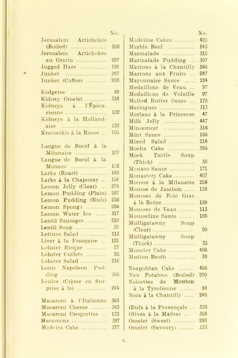 Jerusalem Artichokes (Boiled) Jerusalem Artichokes au Gratin Jugged Hare Junket Junket (Coffee) Kedgeree Kidney Omelet Kidneys a l’lilpieu- rienne Kidneys a la Holland- aise Kromeskis a la Russe ... Langue de Boeuf a la Milanaise Langue de Boeuf a la Monaco Larks (Roast) Larks a la Chaponay ... Lemon Jelly (Clear) ... Lemon Pudding (Plain) Lemon Pudding (Rich) Lemon Sponge Lemon Water Ice Lentil Sausages Lentil Soup Lettuce Salad Liver a la Frangaise ... Lobster Bisque Lobster Cutlets Lobster Salad Louis Napoleon Pud- ding Louise (Creme en Sur- prise a la) Macaroni a l’ltalienne Macaroni Cheese Macaroni Croquettes ... Macaroons Madeira Cake Madeline Cakes 420 Marble Beef 143 Marmalade 315 Marmalade Pudding ... 307 Marrons a la Chantilly 246 Marrons aux Fruits ... 247 Mayonnaise Sauce 184 Medaillons de Veau ... 97 Medallions de Volaille 97 Melted Butter Sauce ... 178 Meringues 313 Merlans a la Princesse 47 Milk Jelly 447 Mincemeat 316 Mint Sauce 166 Mixed Salad 214 Mocha Cake 390 Mock Turtle Soup (Thick) 36 Monaco Sauce 171 Monastery Cake 407 Mousse k la Milanaise 259 Mousse de Jarnbon 138 Mousses de Foie Gras a la Reine 139 Mousses de Veau 113 Mousseline Sauce 168 Mulligatawny Soup (Clear) 20 Mulligatawny Soup (Thick) 33 Munster Cake 408 Mutton Broth 39 Neapolitan Cake 406 New Potatoes (Boiled) 200 Noisettes de Mouton a la Tyrolienne 89 Noix a la Chantilly 245 CEufs k la Provengale ... 339 Olives a la Madras ... 359 Omelet (Sweet) 293 Omelet (Savoury) 333 No. 206 207 150 267 233 69 334 102 132 106 107 108 14S 154 274 287 236 264 317 210 30 213 121 27 52 216 250 244 363 343 133 397 377