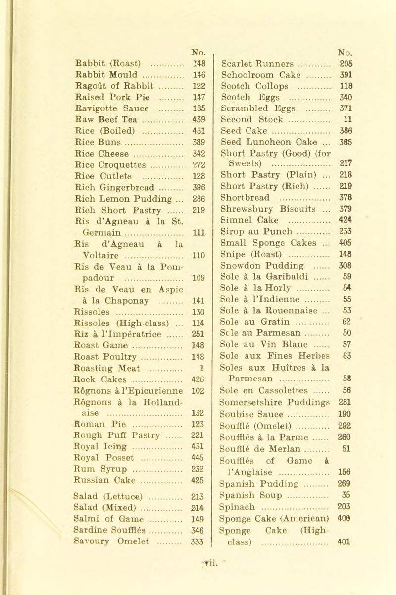 Babbit (Roast) Babbit Mould Ragofit of Rabbit Raised Pork Pie Ravigotte Sauce Raw Beef Tea Rice (Boiled) Rice Buns Rice Cheese Rice Croquettes Rioe Cutlets Rich Gingerbread Rich Lemon Pudding ... Rich Short PastTy Ris d’Agneau a la St. Germain Ris d’Agneau a la Voltaire Ris de Veau a la Pom- padour Ris de Veau en Aspic k la Chaponay Rissoles Rissoles (High-class) ... Riz a, l’lmperatrice Roast Game Roast Poultry Roasting Meat Rock Cakes R6gnons a l’Epicurienne Rognons k la Holland- aise Roman Pie Rough Puff Pastry Royal Icing Royal Posset Rum Syrup Russian Cake Salad (Lettuce) Salad (Mixed) Salmi of Game Sardine Souffles Savoury Omelet No. Scarlet Runners 205 Schoolroom Cake 391 Scotch Collops 118 Scotch Eggs 340 Scrambled Eggs 371 Second Stock 11 Seed Cake 386 Seed Luncheon Cake ... 385 Short Pastry (Good) (for Sweets) 217 Short Pastry (Plain) ... 218 Short Pastry (Rich) 219 Shortbread 378 Shrewsbury Biscuits ... 379 Simnel Cake 424 Sirop au Punch 233 Small Sponge Cakes ... 405 Snipe (Roast) 148 Snowdon Pudding 308 Sole a la Garibaldi 59 Sole a la Horly 54 Sole a l’Indienne 55 Sole k la Rouennaise ... 53 Sole au Gratin 62 Sole au Parmesan 50 Sole au Vin Blanc 57 Sole aux Fines Herbes 63 Soles aux Huitres a la Parmesan 58 Sole en Cassolettes 56 Somersetshire Puddings 281 Soubise Sauce 190 Souffle (Omelet) 292 Souffles k la Parme 260 Souffle de Merlan 51 Souffles of Game k l’Anglaise 156 Spanish Pudding 269 Spanish Soup 35 Spinach 203 Sponge Cake (American) 400 Sponge Cake (High- class) 401 No. 148 146 122 147 185 439 451 389 342 272 128 396 286 219 111 110 109 141 130 114 251 148 148 1 426 102 132 123 221 431 445 232 425 213 214 149 346 333