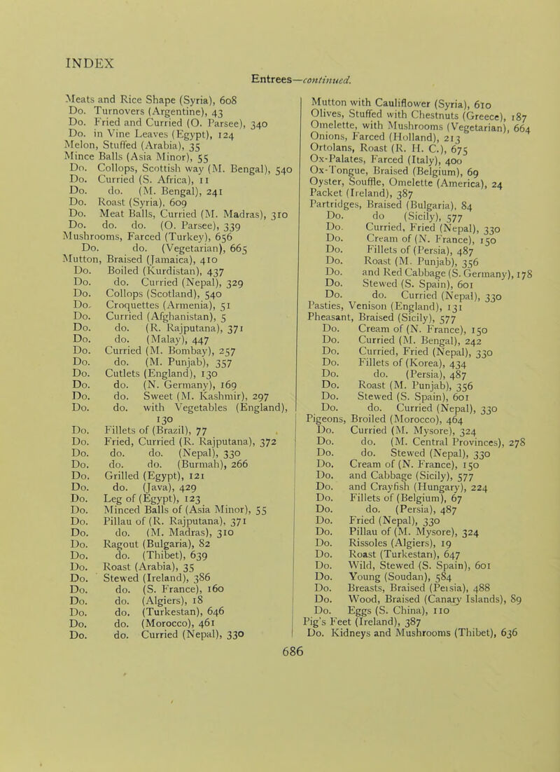 Entrees—continued. Meats and Rice Shape (Syria), 608 Do. Turnovers (Argentine), 43 Do. Fried and Curried (O. Parsee), 340 Do. in Vine Leaves (Egypt), 124 Melon, Stuffed (Arabia), 35 Mince Balls (Asia Minor), 55 Do. Collops, Scottish way (M. Bengal), 540 Do. Curried (S. Africa), 11 Do. do. (M. Bengal), 241 Do. Roast (Syria), 609 Do. Meat Balls, Curried (M. Madras), 310 Do. do. do. (O. Parsee), 339 Mushrooms, Farced (Turkey), 656 Do. do. (Vegetarian), 665 Mutton, Braised (Jamaica), 410 Do. Boiled (Kurdistan), 437 Do. do. Curried (Nepal), 329 Do. Collops (Scotland), 540 Do. Croquettes (Armenia), 51 Do. Curried (Afghanistan), 5 Do. do. (R. Rajputana), 371 Do. do. (Malay), 447 Do. Curried (M. Bombay), 257 Do. do. (M. Punjab), 357 Do. Cutlets (England), 130 Do. do. (N. Germany), 169 Do. do. Sweet (M. Kashmir), 297 Do. do. with Vegetables (England), 130 Do. Fillets of (Brazil), 77 Do. Fried, Curried (R. Rajputana), 372 Do. do. do. (Nepal), 330 Do. do. do. (Burmah), 266 Do. Grilled (Egypt), 121 Do. do. (Java), 429 Do. Leg of (Egypt), 123 Do. Minced Balls of (Asia Minor), 55 Do. Pillau of (R. Rajputana), 371 Do. do. (M. Madras), 310 Do. Ragout (Bulgaria), 82 Do. do. (Thibet), 639 Do. Roast (Arabia), 35 Do. Stewed (Ireland), 386 Do. do. (S. F’rance), 160 Do. do. (Algiers), 18 Do. do. (Turkestan), 646 Do. do. (Morocco), 461 Do. do. Curried (Nepal), 330 Mutton with Cauliflower (Syria), 610 Olives, Stuffed with Chestnuts (Greece), 187 Omelette, with Mushrooms (Vegetarian), 664 Onions, Farced (Holland), 213 Ortolans, Roast (R. H. C.), 675 Ox-Palates, Farced (Italy), 400 Ox-Tongue, Braised (Belgium), 69 Oyster, Souffle, Omelette (America), 24 Packet (Ireland), 387 Partridges, Braised (Bulgaria), 84 Do. do (Sicily), 577 Do. Curried, Fried (Nepal), 330 Do. Cream of (N. France), 150 Do. Fillets of (Persia), 487 Do. Roast (M. Punjab), 356 Do. and Red Cabbage (S. Germany), 178 Do. Stewed (S. Spain), 601 Do. do. Curried (Nepal), 330 Pasties, Venison (England), 131 Pheasant, Braised (Sicily), 577 Do. Cream of (N. France), 150 Do. Curried (M. Bengal), 242 Do. Curried, Fried (Nepal), 330 Do. Fillets of (Korea), 434 Do. do. (Persia), 487 Do. Roast (M. Punjab), 356 Do. Stewed (S. Spain), 601 Do. do. Curried (Nepal), 330 Pigeons, Broiled (Morocco), 464 Do. Curried (M. Mysore), 324 Do. do. (M. Central Provinces), 27S Do. do. Stewed (Nepal), 330 Do. Cream of (N. France), 150 Do. and Cabbage (Sicily), 577 Do. and Crayfish (Hungary), 224 Do. Fillets of (Belgium), 67 Do. do. (Persia), 487 Do. Fried (Nepal), 330 Do. Pillau of (M. Mysore), 324 Do. Rissoles (Algiers), 19 Do. Roast (Turkestan), 647 Do. Wild, Stewed (S. Spain), 601 Do. Young (Soudan), 584 Do. Breasts, Braised (Peisia), 488 Do. Wood, Braised (Canary Islands), 89 Do. Eggs (S. China), no Pig's Feet (Ireland), 387 Do. Kidneys and Mushrooms (Thibet), 636