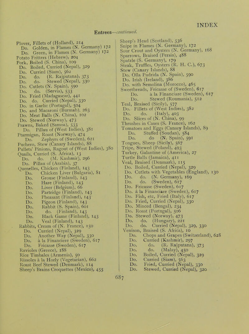 Entrees—continued. Plover, Fillets of (Holland), 214 Do. Golden, in Flames (N. Germany) 172 Do. Green, in Flames (N. Germany) 172 Potato Fritters (Hebrew), 204 Pork, Boiled (S. China), 109 Do. Boiled, Curried (Nepal), 329 Do. Curried (Siam), 562 Do. do. (R. Rajputana), 373 Do. do. Stewed (Nepal), 330 Do. Cutlets (N. Spain), 590 Do. do. (Servia), 533 Do. Fried (Madagascar), 441 Do. do. Curried (Nepal), 330 Do. in Garlic (Portugal), 504 Do. and Macaroni (Burmah), 263 Do. Meat Balls (N. China), 102 Do. Stewed (Norway), 473 Prawns, Baked (Samoa), 533 Do. Pillau of (West Indies), 381 Ptarmigan, Roast (Norway), 474 Do. Zephyrs of (Sweden), 621 Puchero, Stew (Canary Islands), 88 Pullets’ Pinions, Ragout of (West Indies), 380 Quails, Curried (S. Africa), 13 Do. do. (M. Kashmir), 296 Do. Pillau of (Arabia), 37 Quenelles, Chicken (Finland), 143 Do. Chicken Liver (Bulgaria), 81 Do. Grouse (Finland), 143 Do. Hare (Finland), 143 Do. Liver (Belgium), 66 Do. Partridge (Finland), 143 Do. Pheasant (Finland), 143 Do. Pigeon (Finland), 143 Do. Rabbit (S. Spain), 601 Do. do. (Finland), 143 Do. Black Game (Finland), 143 Do. Veal (Finland), 143 Rabbits, Cream of (N. France), 150 Do. Curried (Nepal), 329 Do. Another Way (Nepal), 330 Do. a la Financiere (Sweden), 617 Do. Fricasse (Sweden), 617 Ravioles (Greece), 188 Rice Timbales (Armenia), 50 Rissoles a la Horly (Vegetarian), 662 Roast Beef Stewed (Denmark), 114 Sheep’s Brains Croquettes (Mexico), 455 Sheep’s Head (Scotland), 536 Snipe in Flames (N. Germany), 172 Sour Crout and Oysters (N. Germany), 168 Sparrows, Braised (Persia), 488 Spatzle (S. Germany), 179 Steak, Truffles, Oysters (R. H. C.), 673 Stew (Canary Islands), 88 Do. Olla Pudrida (N. Spain), 590 Do. Irish (Ireland), 386 Do. with Semolina (Morocco), 463 Sweetbreads, Fricasse of (Sweden), 617 Do. k la Financiare (Sweden), 617 Do. Stewed (Roumania), 512 Teal, Braised (Sicily), 577 Do. Fillets of (West Indies), 382 Do. do. (Italy), 403 Do. Slices of (N. China), 99 Thrushes in Cases (S. France), 162 Tomatoes and Eggs (Canary Islands), 89 Do. Stuffed (Soudan), 584 Do. do (N. Spain), 591 Tongues, Sheep (Sicily), 567 Tripe, Stewed (Poland), 493 Turkey, Galantine of (America), 27 Turtle Balls (Jamaica), 411 Veal, Braised (Denmark), 115 Do. Boiled, Curried (Nepal), 329 Do. Cutlets with Vegetables (England), 130 Do. do. (N. Germany), 169 Do. do. (Sweden), 617 Do. Fricasse (Sweden), 617 Do. a la Financiare (Sweden), 617 Do. Fish, etc, Fried (Italy), 617 Do. Fried, Curried (Nepal), 330 Do. Minced (Bengal), 234 Do. Roast (Portugal), 506 Do. Stewed (Norway), 473 Do. do. (Hungary), 221 Do. do. Curried (Nepal), 329, 330 Venison, Braised (S. Africa), 10 Do. Chops and Grapes (Switzerland), 62S Do. Curried (Kashmir), 297 Do. do. (R. Rajputana), 373 Do. do. (Malay), 450 Do. Boiled, Curried (Nepal), 329 Do. Curried (Siam), 563 Do. Fried, Curried (Nepal), 330 Do. Stewed, Curried (Nepal), 320