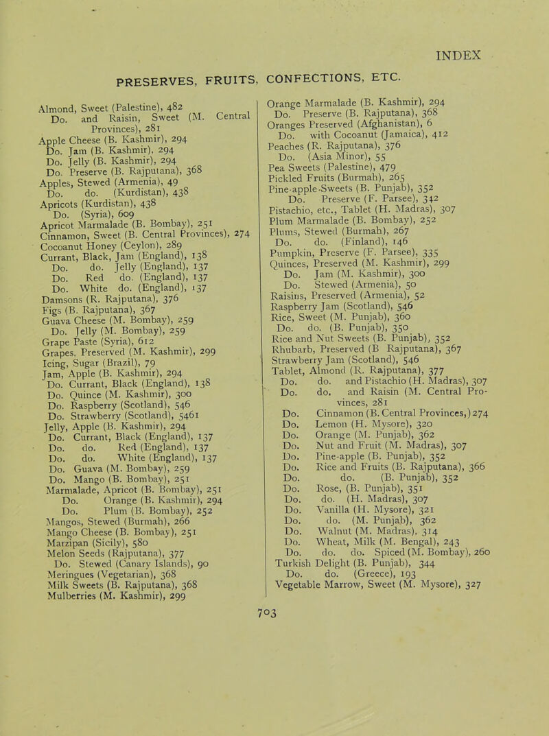 PRESERVES, FRUITS, Almond, Sweet (Palestine), 482 Do. and Raisin, Sweet (M. Central Provinces), 281 Apple Cheese (B. Kashmir), 294 Do. Jam (B. Kashmir), 294 Do. Jelly (B. Kashmir), 294 Do. Preserve (B. Raj put ana), 368 Apples, Stewed (Armenia), 49 Do. do. (Kurdistan), 438 Apricots (Kurdistan), 438 Do. (Syria), 609 Apricot Marmalade (B. Bombay), 251 Cinnamon, Sweet (B. Central Provinces), 274 Cocoanut Honey (Ceylon), 289 Currant, Black, Jam (England), 138 Do. do. Jelly (England), 137 Do. Red do. (England), 137 Do. White do. (England), 137 Damsons (R. Rajputana), 376 Figs (B. Rajputana), 367 Guava Cheese (M. Bombay), 259 Do. Jelly (M. Bombay), 259 Grape Paste (Syria), 612 Grapes. Preserved (M. Kashmir), 299 Icing, Sugar (Brazil), 79 Jam, Apple (B. Kashmir), 294 Do. Currant, Black (England), 138 Do. Quince (M. Kashmir), 300 Do. Raspberry (Scotland), 546 Do. Strawberry (Scotland), 5461 Jelly, Apple (B. Kashmir), 294 Do. Currant, Black (England), 137 Do. do. Red (England), 137 Do. do. White (England), 137 Do. Guava (M. Bombay), 259 Do. Mango (B. Bombay), 251 Marmalade, Apricot (B. Bombay), 251 Do. Orange (B. Kashmir), 294 Do. Plum (B. Bombay), 252 Mangos, Stewed (Burmah), 266 Mango Cheese (B. Bombay), 251 Marzipan (Sicily), 580 Melon Seeds (Rajputana), 377 Do. Stewed (Canary Islands), 90 Meringues (Vegetarian), 368 Milk Sweets (B. Rajputana), 368 Mulberries (M. Kashmir), 299 CONFECTIONS, ETC. Orange Marmalade (B. Kashmir), 294 Do. Preserve (B. Rajputana), 368 Oranges Preserved (Afghanistan), 6 Do. with Cocoanut (Jamaica), 412 Peaches (R. Rajputana), 376 Do. (Asia Minor), 55 Pea Sweets (Palestine), 479 Pickled Fruits (Burmah), 265 Pine-apple-Sweets (B. Punjab), 352 Do. Preserve (F. Parsee), 342 Pistachio, etc., Tablet (H. Madras), 307 Plum Marmalade (B. Bombay), 252 Plums, Stewed (Burmah), 267 Do. do. (Finland), 146 Pumpkin, Preserve (F. Parsee), 335 Quinces, Preserved (M. Kashmir), 299 Do. Jam (M. Kashmir), 300 Do. Stewed (Armenia), 50 Raisins, Preserved (Armenia), 52 Raspberry Jam (Scotland), 546 Rice, Sweet (M. Punjab), 360 Do. do. (B. Punjab), 350 Rice and Nut Sweets (B. Punjab), 352 Rhubarb, Preserved (B Rajputana), 367 Strawberry Jam (Scotland), 546 Tablet, Almond (R. Rajputana), 377 Do. do. and Pistachio (H. Madras), 307 Do. do. and Raisin (M. Central Pro- vinces, 281 Do. Cinnamon (B. Central Provinces,)274 Do. Lemon (H. Mysore), 320 Do. Orange (M. Punjab), 362 Do. Nut and Fruit (M. Madras), 307 Do. Pine-apple (B. Punjab), 352 Do. Rice and Fruits (B. Rajputana), 366 Do. do. (B. Punjab), 352 Do. Rose, (B. Punjab), 351 Do. do. (H. Madras), 307 Do. Vanilla (H. Mysore), 321 Do. do. (M. Punjab), 362 Do. Walnut (M. Madras), 314 Do. Wheat, Milk (M. Bengal), 243 Do. do. do. Spiced (M. Bombay), 260 Turkish Delight (B. Punjab), 344 Do. do. (Greece), 193 Vegetable Marrow, Sweet (M. Mysore), 327 7°3