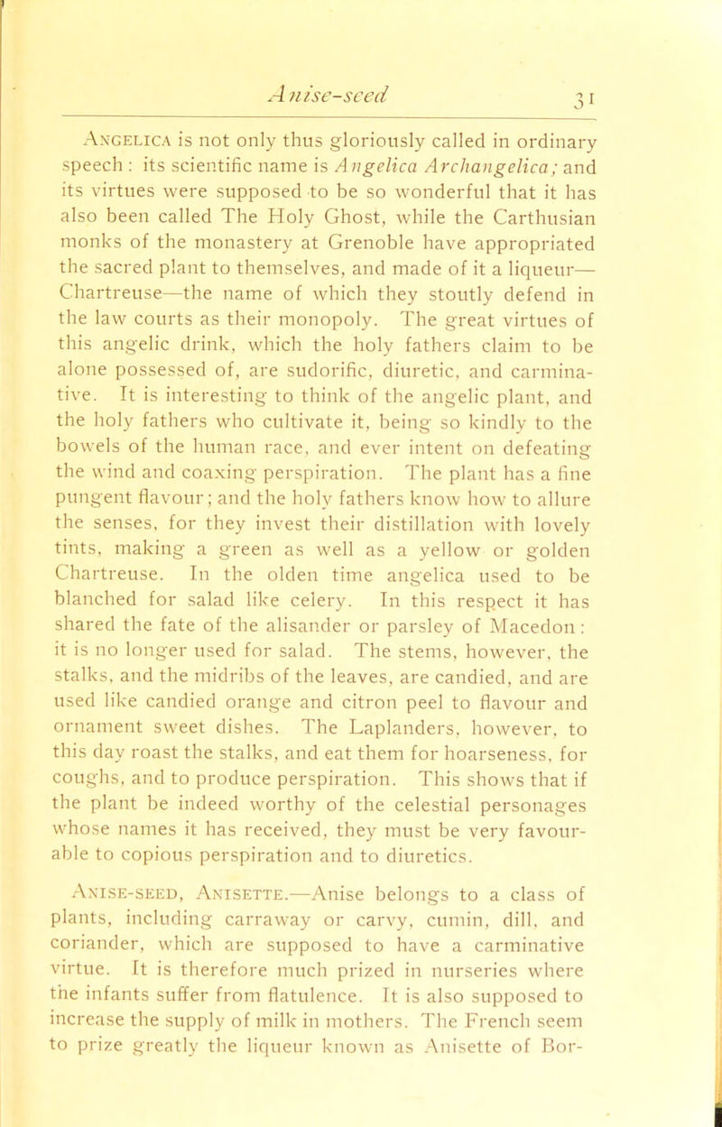 A nise-seed Angelica is not only thus gloriously called in ordinary speech : its scientific name is A ngelica Archangelica; and its virtues were supposed to be so wonderful that it has also been called The Holy Ghost, while the Carthusian monks of the monastery at Grenoble have appropriated the sacred plant to themselves, and made of it a liqueur— Chartreuse—the name of which they stoutly defend in the law courts as their monopoly. The great virtues of this angelic drink, which the holy fathers claim to be alone possessed of, are sudorific, diuretic, and carmina- tive. It is interesting to think of the angelic plant, and the holy fathers who cultivate it, being so kindly to the bowels of the human race, and ever intent on defeating the wind and coaxing perspiration. The plant has a fine pungent flavour; and the holy fathers know how to allure the senses, for they invest their distillation with lovely tints, making a green as well as a yellow or golden Chartreuse. In the olden time angelica used to be blanched for salad like celery. In this respect it has shared the fate of the alisander or parsley of Macedon: it is no longer used for salad. The stems, however, the stalks, and the midribs of the leaves, are candied, and are used like candied orange and citron peel to flavour and ornament sweet dishes. The Laplanders, however, to this day roast the stalks, and eat them for hoarseness, for coughs, and to produce perspiration. This shows that if the plant be indeed worthy of the celestial personages whose names it has received, they must be very favour- able to copious perspiration and to diuretics. Anise-seed, Anisette.—Anise belongs to a class of plants, including carraway or carvy, cumin, dill, and coriander, which are supposed to have a carminative virtue. It is therefore much prized in nurseries where the infants suffer from flatulence. It is also supposed to increase the supply of milk in mothers. The French seem to prize greatly the liqueur known as Anisette of Bor-