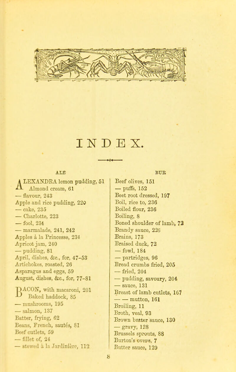 Alexandra lemon pudding, 51 Almond cream, 61 — flavour, 243 Apple and rice pudding, 220 — cake, 235 — Charlotte, 223 — fool, 234 — marmalade, 241, 242 Apples a la Princesse, 234 Apricot jam, 240 — pudding, 81 April, dishes, &c., for, 47-53 Artichokes, roasted, 26 Asparagus and eggs, 59 August, dishes, &c., for, 77-81 14 AGON, with macaroni, 201 ^ Baked haddock, 85 — mushrooms, 195 — salmon, 137 Batter, frying, 62 Beans, French, sautes, 81 Beef cutlets, 59 — fillet of, 24 — stewed a la Jardiniere, 112 Beef olives, 151 — pufis, 152 Beet root dressed, 197 Boil, rice to, 236 Boiled flour, 236 Boiling, 8 Boned shoulder of lamb, 72 Brandy sauce, 226 Brains, 173 Braised duck, 72 — fowl, 184 — partridges, 96 Bread crumbs fried, 205 — fried, 204 — pudding, savoury, 204 — sauce, 131 Breast of lamb cutlets, 167 mutton, 161 Broiling, 11 Broth, veal, 93 Brown butter sauce, 130 — gravy, 128 Brussels sprouts, 88 Burton’s ovens, 7 Butter sauce, 129