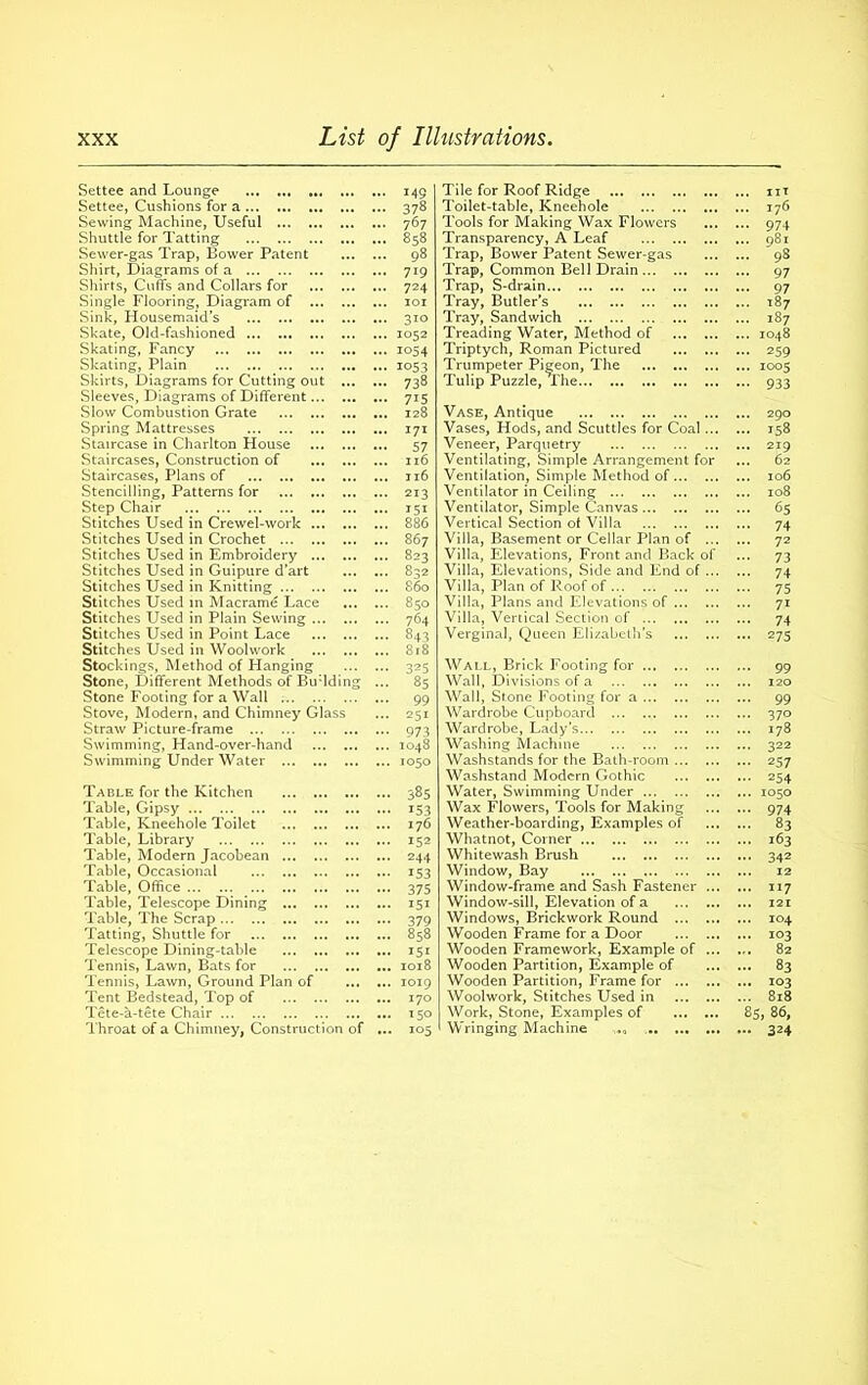 Settee and Lounge 145 Tile for Roof Ridge III Settee, Cushions for a 378 Toilet-table, Kneehole I76 Sewing Machine, Useful 767 Tools for Making Wax Flowers 974 Shuttle for Tatting 858 Transparency, A Leaf 981 Sewer-gas Trap, Bower Patent 98 Trap, Bower Patent Sewer-gas 98 Shirt, Diagrams of a 7ig Trap, Common Bell Drain 97 Shirts, Cuffs and Collars for 724 Trap, S-drain 97 Single Flooring, Diagram of IOI Tray, Butler’s 187 Sink, Housemaid’s 310 Tray, Sandwich 187 Skate, Old-fashioned 1052 Treading Water, Method of 1048 Skating, Fancy 1054 Triptych, Roman Pictured 259 Skating, Plain 1053 Trumpeter Pigeon, The 1005 Skirts, Diagrams for Cutting out ... 738 Tulip Puzzle, 'The 933 Sleeves, Diagrams of Different 715 Slow Combustion Grate 128 Vase, Antique 290 Spring Mattresses 171 Vases, Hods, and Scuttles for Coal 158 Staircase in Charlton House 57 Veneer, Parquetry 219 Staircases, Construction of 116 Ventilating, Simple Arrangement for 62 Staircases, Plans of ji6 Ventilation, Simple Method of... 106 Stencilling, Patterns for 213 Ventilator in Ceiling 108 Step Chair Ventilator, Simple Canvas 65 Stitches Used in Crewel-work 886 Vertical Section of Villa 74 Stitches Used in Crochet 867 Villa, Basement or Cellar Plan of 72 Stitches Used in Embroidery 823 Villa, Elevations, Front and Back of 73 Stitches Used in Guipure d’art 832 Villa, Elevations, Side and End of 74 Stitches Used in Knitting 860 Villa, Plan of Roof of 75 Stitches Used in Macrame Lace 850 Villa, Plans and Elevations of ... 71 Stitches Used in Plain Sewing 764 Villa, Vertical Section of 74 Stitches Used in Point Lace 843 Verginal, Queen Elizabeth’s 275 Stitches Used in Woolwork 818 Stockings, Method of Hanging 325 Wall, Brick Footing for 99 Stone, Different Methods of Budding 85 Wall, Divisions of a 120 Stone Footing for a Wall 99 Wall, Stone Footing for a 99 Stove, Modern, and Chimney Glass 251 Wardrobe Cupboard 370 Straw Picture-frame 973 Wardrobe, Lady’s 178 Swimming, Hand-over-hand 1048 Washing Machine 322 Swimming Under Water 1050 Washstands for the Bath-room ... 257 Washstand Modern Gothic 254 Table for the Kitchen 385 Water, Swimming Under 1050 Table, Gipsy 153 Wax Flowers, Tools for Making 974 Table, Kneehole Toilet 176 Weather-boarding, Examples of 83 Table, Library 152 Whatnot, Coiner 163 Table, Modern Jacobean 244 Whitewash Brush 342 Table, Occasional 153 Window, Bay 12 Table, Office 375 Window-frame and Sash Fastener 117 Table, Telescope Dining 151 Window-sill, Elevation of a 121 Table, The Scrap 379 Windows, Brickwork Round ... 104 Tatting, Shuttle for 858 Wooden Frame for a Door 103 Telescope Dining-table 151 Wooden Framework, Example of 82 Tennis, Lawn, Bats for 1018 Wooden Partition, Example of 83 Tennis, Lawn, Ground Plan of 1019 Wooden Partition, Frame for ... 103 Tent Bedstead, Top of 170 Woolwork, Stitches Used in 818 Tete-a-tete Chair 150 Work, Stone, Examples of 85, 86, Throat of a Chimney, Construction of 105 Wringing Machine 324