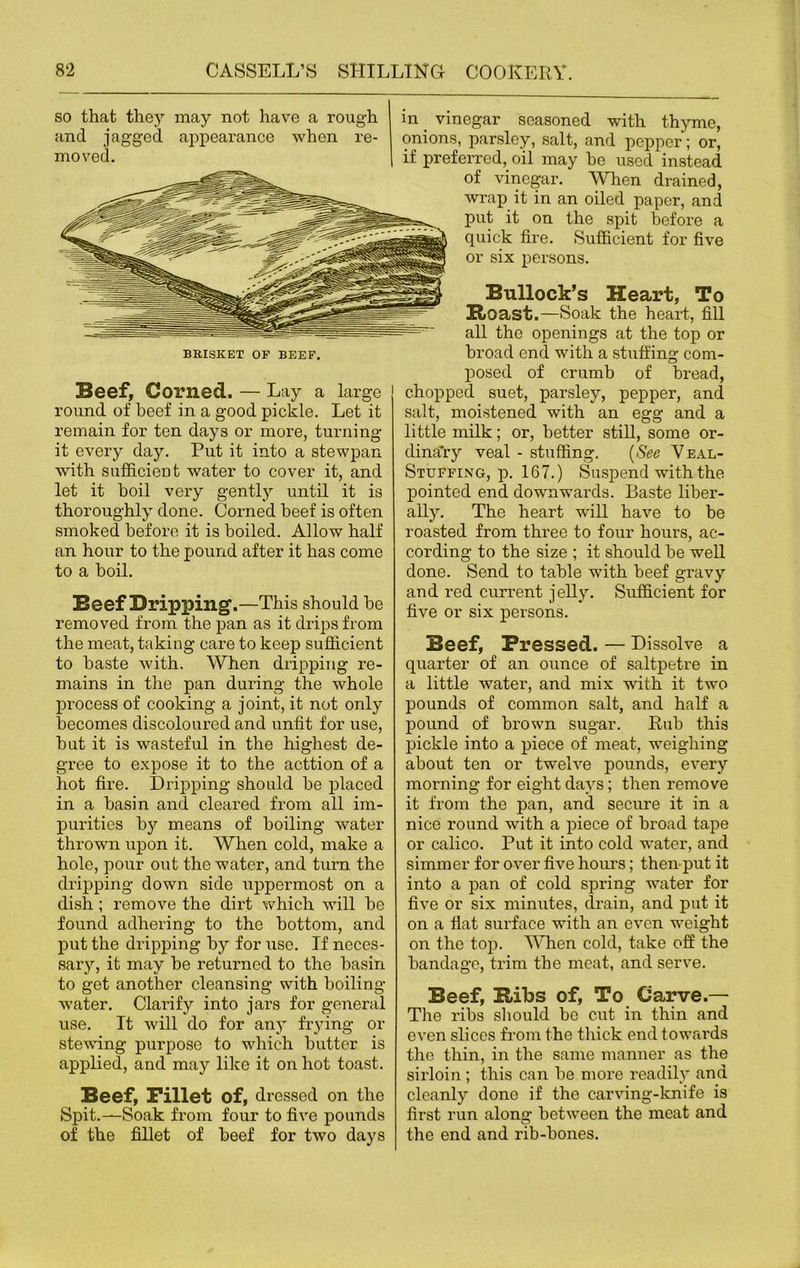 so that they may not have a rough and jagged appearance when re- moved. Beef, Corned. — Lay a large round of beef in a good pickle. Let it remain for ten days or more, turning it every day. Put it into a stewpan with sufficieut water to cover it, and let it boil very gently until it is thoroughly done. Corned beef is often smoked before it is boiled. Allow half an hour to the pound after it has come to a boil. Beef Dripping.—This should be removed from the pan as it drips from the meat, taking care to keep sufficient to baste with. When dripping re- mains in the pan during the whole process of cooking a joint, it not only becomes discoloured and unfit for use, but it is wasteful in the highest de- gree to expose it to the acttion of a hot fire. Dripping should be placed in a basin and cleared from all im- purities b}^ means of boiling water thrown upon it. When cold, make a hole, pour out the water, and turn the dripping down side uppermost on a dish ; remove the dirt which will be found adhering to the bottom, and put the dripping by for use. If neces- sary, it may be returned to the basin to get another cleansing with boiling- water. Clarify into jars for general use. It will do for any frying or stewing purpose to which butter is applied, and may like it on hot toast. Beef, Fillet of, dressed on the Spit.—Soak from four to five pounds of the fillet of beef for two days in _ vinegar seasoned with thyme, onions, parsley, salt, and pepper; or, if preferred, oil may be used instead of vinegar. When drained, wrap it in an oiled paper, and put it on the spit before a quick fire. Sufficient for five or six persons. Bullock’s Heart, To Hoast.—Soak the heart, fill all the openings at the top or posed of crumb of bread, chopped suet, parsley, pepper, and salt, moistened with an egg and a little milk; or, better still, some or- dinary veal - stuffing. [See Veal- Stuffing, p. 167.) Suspend with the pointed end downwards. Baste liber- ally. The heart will have to be roasted from three to four hours, ac- cording to the size ; it should be well done. Send to table with beef gravy and red current jelly. Sufficient for five or six persons. Beef, Pressed. — Dissolve a quarter of an ounce of saltpetre in a little water, and mix with it two pounds of common salt, and half a pound of brown sugar. Rub this pickle into a piece of meat, weighing about ten or twelve pounds, every morning for eight days; then remove it from the pan, and secure it in a nice round with a piece of broad tape or calico. Put it into cold water, and simmer for over five hours; then put it into a pan of cold spring water for five or six minutes, drain, and put it on a flat surface with an even weight on the top. When cold, take off the bandage, trim the meat, and serve. Beef, Bibs of, To Carve.— The ribs should be cut in thin and even slices from the thick end towards the thin, in the same manner as the sirloin ; this can be more readily and cleanly done if the carving-knife is first run along between the meat and the end and rib-bones.