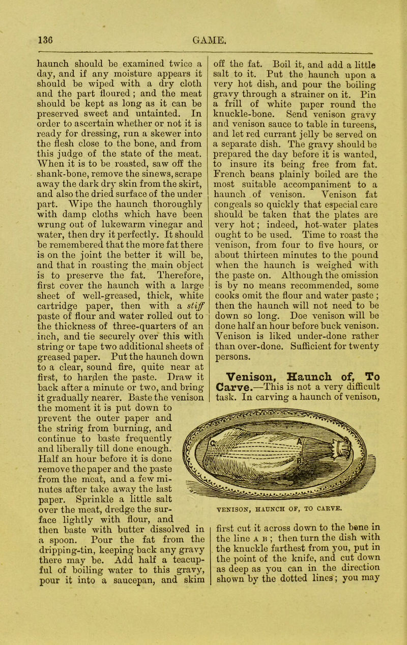 haunch should he examined twice a day, and if any moisture appears it should he wiped with a dry cloth and the part floured ; and the meat should be kept as long as it can be preserved sweet and untainted. In order to ascertain whether or not it is ready for dressing, run a skewer into the flesh close to the bone, and from this judge of the state of the meat. When it is to be roasted, saw off the shank-bone, remove the sinews, scrape away the dark dry skin from the skirt, and also the dried surface of the under part. Wipe the haunch thoroughly with damp cloths which have been wrung out of lukewarm vinegar and water, then dry it perfectly. It should be remembered that the more fat there is on the joint the better it will be, and that in roasting the main object is to preserve the fat. Therefore, first cover the haunch with a large sheet of well-greased, thick, white cartridge paper, then with a stiff paste of flour and water rolled out to the thickness of three-quarters of an inch, and tie securely over this with string or tape two additional sheets of greased paper. Put the haunch down to a clear, sound fire, quite near at first, to harden the paste. Draw it back after a minute or two, and bring it gradually nearer. Baste the venison the moment it is put down to prevent the outer paper and the string from burning, and continue to baste frequently and liberally till done enough. Half an hour before it is done remove the paper and the paste from the meat, and a few mi- nutes after take away the last paper. Sprinkle a little salt over the meat, dredge the sur- face lightly with flour, and then baste with butter dissolved in a spoon. Pour the fat from the dripping-tin, keeping back any gravy there may be. Add half a teacup- ful of boiling water to this gravy, pour it into a saucepan, and skim off the fat. Boil it, and add a little salt to it. Put the haunch upon a very hot dish, and pour the boiling gravy through a strainer on it. Pin a frill of white paper round the knuckle-bone. Send venison gravy and venison sauce to table in tureens, and let red currant jelly be served on a separate dish. The gravy should be prepared the day before it is wanted, to insure its being free from fat. French beans plainly boiled are the most suitable accompaniment to a haunch of venison. Yenison fat congeals so quickly that especial care should be taken that the plates are very hot; indeed, hot-water plates ought to be used. Time to roast the venison, from four to five hours, or about thirteen minutes to the pound when the haunch is weighed with the paste on. Although the omission is by no means recommended, some cooks omit the flour and water paste ; then the haunch will not need to be down so long. Doe venison will be done half an hour befoi'e buck venison. Yenison is liked under-done rather than over-done. Sufficient for twenty persons. Venison, Haunch of. To Carve.—This is not a very difficult task. In carving a haunch of venison, VENISON, HAUNCH OF, TO CARVE. first cut it across down to the b®ne in the line a b ; then turn the dish with the knuckle farthest from you, put in the point of the knife, and cut down as deep as you can in the direction shown by the dotted lines; you may