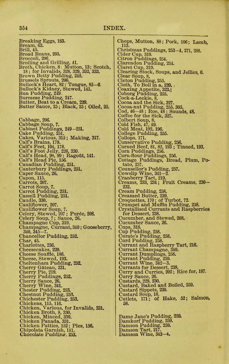 Breaking Eggs, 183. Bream, 63. Brill, 45. Broad Beans, 205. Broccoli, 206. Broiling and Grilling, 41. Broth, Chicken, 8: Mutton, 13; Scotch, 18 ; for Invalids, 328, 329, 332, 333. Brown Betty Pudding, 248. Brussels Sprouts, 206. Bullock’s Heart, 82 ; Tongue, 85—6. Bullock’s Kidney, Stewed, 141. Bun Pudding, 249. Burmese Pudding, 247. Butter, Beat to a Cream, 239. Butter Sauce, 25; Black, 25; Oiled, 25. Cabbage, 206. Cabbage Soup, 7. Cabinet Puddings, 249—251. Cake Pudding, 251. Cakes, Various, 315; Making, 317. Calf’s Brains, 178. Calf’s Feet, 104, 178. Calf’s Foot Jelly, 226, 330. Calf’s Head, 98, 99 ; Ragodt, 141. Calf’s Head Pie, 156. Canadian Pudding, 251. Canterbury Puddings, 251. Caper Sauce, 26. Capon, 115. Carrots, 207. Carrot Soup, 7. Carrot Pudding, 251. Cassell Pudding, 251. Caudle, 330. Cauliflower, 207. Cauliflower Soup, 7. Celery, Stewed, 207 ; Pur4e, 208. Celery Soup, 7; Sauce, 26. Champagne Cup, 319. Champagne, Currant, 340; Gooseberry, 340, 345—7. Chancellor Pudding, 252. Char, 45. Charlottes, 236. Cheesecakes, 220. Cheese Souffle, 186. Cheese, Stewed, 193. Cheltenham Pudding, 252. Cherry Gateau, 231. Cherry Pie, 219. Cherry Puddings, 252. Cherry Sauce, 26. Cherry Wine, 341. Chester Pudding, 253. Chestnut Pudding, 253. Chichester Pudding, 253. Chickens, 115,116. Chicken, Various, for Invalids, 331. Chicken Broth, 8, 330. Chicken, Minced, 330. Chicken Panada, 331. Chicken Patties, 152; Pies, 156. Chipolata Garnish, 141. Chocolate Puddinar. 253. Chops, Mutton, 88; Pork, 106; Lamb, 113. Christmas Puddings, 253—4, 271, 288. Cider Cup, 319. Citron Puddings, 254. Clarendon Pudding, 254. Claret Cup, 319. Clearing Stock, Soups, and Jellies, 6. Clear Soup, 8, Cleton Pudding, 255. Cloth, To Boil m a, 239. i Coaxing Appetite, 323.j Coburg Pudding, 255. Cock-a-Leekie, 8. Cocoa and the Sick, 327. Cocoa-nut Pudding, 255, 305. Cod, 46—48 ; Roe, 48 ; Sounds, 48. Coffee for the Sick, 327. Colbert Soup, 8. Cold Fish, 47, 49. Cold Meat, 192, 196. College Pudding, 255. Coflops, 171. Conservative Pudding, 256. Corned Beef, 81, 82, 193 ; Tinned, 193. Corn Puddings, 256. Corn-flour Puddings, 256. Cottage Puddings, Bread, Plum, Po- tato, 257. Counsellor’s Pudding, 257. Cowslip Wine, 341—2. Cranberry Tart, 219. Creams, 233, 234; Fruit Creams, 230— 232. Cream Pudding, 258. Creamed Butter, 239. Croquettes, 170; of Turbot, 72. Crumpet and Muffin Pudding, 258. Crystallised Currants and Raspberries for Dessert, 238. Cucumber, and Stewed, 208. Cucumber Sauce, 26. Cups, 318. Cup Pudding, 258. Curate’s Pudding, 258. Curd Pudding, 258. Currant and Raspberry Tart, 216. Currant Champagne, 340. Currant Dumplings, 258. Currant Pudding, 259. Currant Wine, 342—3. Currants for Dessert, 238. Curry and Curries, 202; Rice for, 187. Curry Sauce, 26. Custards, 229, 230. Custard, Baked and Boiled, 259. Custard Sippets, 230. Custard Soup, 18. Cutlets, 171; of Hake, 52; Salmon, 58. Dame Jane’s Pudding, 259. Damkorf Pudding, 259. Damson Pudding, 259. Damson Tart, 217. Damson Wine, 343—4.