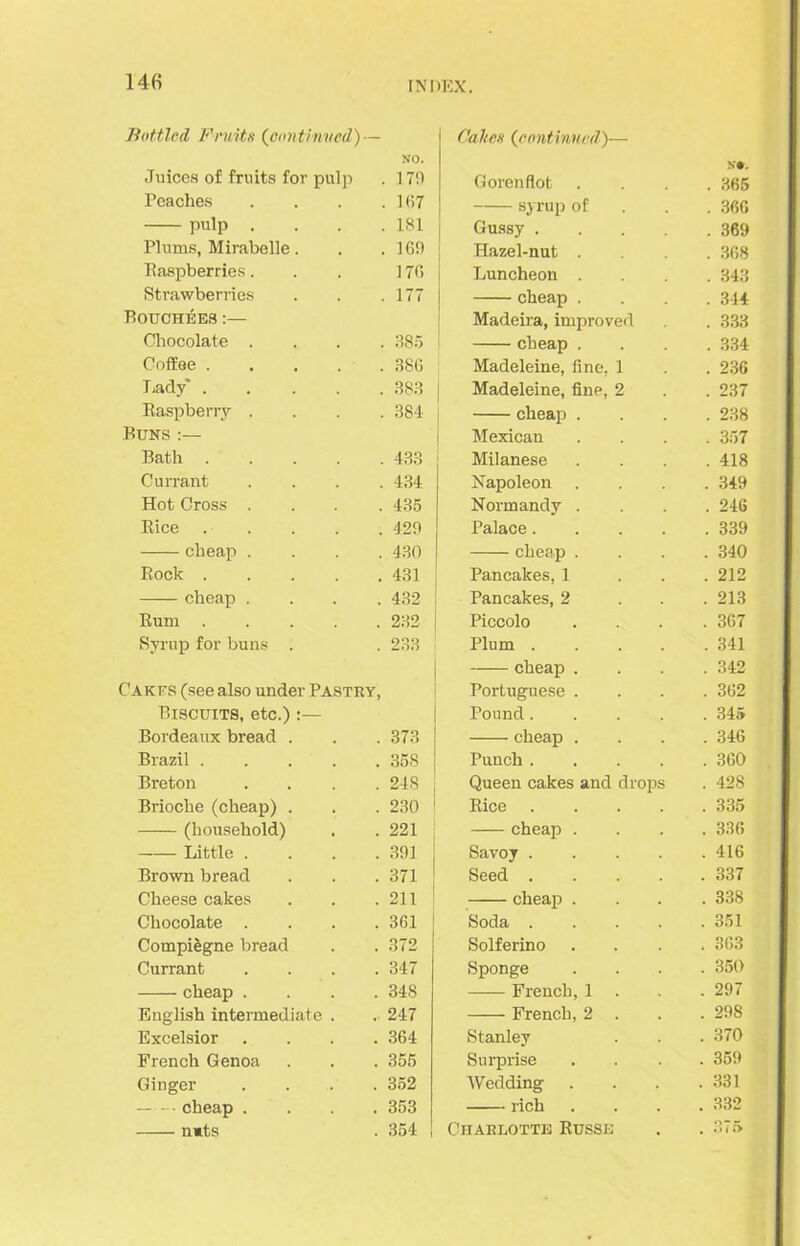 14fi Bottled Fruits (continued) — NO. Juices of fruits for pulp . 170 Peaches . 167 pulp . . 181 Plums, Mirabelle. . 169 Raspberries. 176 Strawberries . 177 Boxjchees :— Chocolate . . 385 Coffee . . 386 Lady' . . 383 Raspberry . CO CO Buns :— Bath . . 433 Currant . 434 Hot Cross . . 435 Rice . 429 cheap . . 430 Rock . . 431 cheap . . 432 Rum . . 232 Syrup for buns . . 233 Cakfs (see also under Pastry, Biscuits, etc.):— Bordeaux bread . . 373 Brazil . . 358 Breton . 248 Brioche (cheap) . . 230 (household) . 221 —— Little . . 391 Brown bread . 371 Cheese cakes . 211 Chocolate . . 361 Compiegne bread . 372 Currant . 347 cheap . . 348 English intermediate .. 247 Excelsior . 364 French Genoa . 355 Ginger . 352 cheap . . 353 n*ts . 354 Caltes {continued)— Kt. Gorenflot . 365 syrup of . 366 Gussy .... . 369 Hazel-nut . . 368 Luncheon . . 343 cheap . . 344 Madeira, improved . 333 cheap . . 334 Madeleine, fine. 1 . 236 Madeleine, fine, 2 . 237 cheap . . 238 Mexican . 357 Milanese . 418 Napoleon . 349 Normandy . . 246 Palace.... . 339 cheap . . 340 Pancakes, 1 . 212 Pancakes, 2 . 213 Piccolo . 367 Plum .... . 341 cheap . . 342 Portuguese . . 362 round.... . 345 cheap . . 346 Punch .... . 360 Queen cakes and drops . 428 Rice .... . 335 — cheap . . 336 Savoy .... . 416 Seed .... . 337 cheap . . 338 Soda .... . 351 Solferino . 363 Sponge . 350 French, 1 . . 297 French, 2 . . 298 Stanley . 370 Surprise . 359 Wedding . 331 rich . 332 'HARLOTTE RUSSE . 375