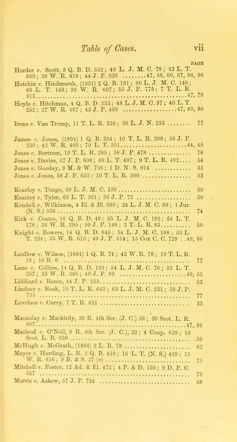PAGE Horder v. Scott, 5 Q. B. D. 552; 49 L. J. M. C. 78 ; 42 L. T. 660; 28 W. R. 918 ; 44 J. P. 520 47, 58, 60, 67, 86, 96 Hotchin v. Hindmarsh, (1891) 2 Q. B. 181; 60 L. J. M. C. 146 ; 65 L. T. 149; 39 W. R, 607; 55 J. P. 775; 7 T. L. R. 513 47, 78 Hoyle v. Hitchman, 4 Q. B. D. 233 ; 48 L. J. M. C. 97 ; 40 L. T. 252 ; 27 W. R. 487 ; 43 J. P. 430 47, 49, 86 Irons v. Van Tromp, 11 T. L. R. 320 ; 30 L. J. N. 233 77 James v. Jones, (1894) 1 Q. B. 304 ; 10 T. L. R. 208; 58 J. P. 230 ; 42 W. R. 400 ; 70 L. T. 351 44, 45 Jones r. Bertram, 10 T. L. R. 285 ; 58 J. P. 478 78 Jones v. Davies, 57 J. P. 808 ; 69 L. T. 497 ; 9 T. L. R. 492.... 54 Jones v. Gooday, 9 M. & W. 736 ; 1 D. N. S. 914 33 Jones v. Jones, 58 J. P. 653 ; 10 T. L. R. 300 53 Kearley v. Tonge, 60 L. J. M. C. 159 50 Kearley v. Tyler, 65 L. T. 261; 56 J. P. 72 50 Kendall v. Wilkinson, 4 El. & Bl. 680 ; 24 L. J. M. C. 89 ; 1 Jur. (N. S.) 538 74 Kirk v. Coates, 16 Q. B. D. 49; 55 L. J. M. C. 182; 54 L. T. 178 ; 34 W. R. 295 ; 50 J. P. 148 ; 2 T. L. R. 83 50 Knight v. Bowers, 14 Q. B. D. 845 ; 54 L. J. M. C. 108 ; 53 L. T. 234 ; 33 W. R. 613 ; 49 J. P. 614 ; 15 Cox C. C. 728 . .49, 86 Laidlow v. Wilson, (1894) 1 Q. B. 74 ; 42 W. R. 78 ; 10 T. L. R. 18 ; 10 R. 6 77 Lane v. Collins, 14 Q. B. D. 193 ; 54 L. J. M. C. 76 ; 52 L. T. 257 ; 33 W. R. 365 ; 49 J. P. 89 49, 53 Liddiard v. Reece, 44 J. P. 233 53 Lindsay v. Rook, 10 T. L. R. 643 ; 63 L. J. M. C. 231; 58 J. P. 735 77 Lovelace v. Cnrry, 7 T. R. 631 33 Macaulay v. Macldrdy, 20 R. 4th Ser. (J. C.) 58 ; 30 Scot. L. R. 607 47, 86 Macleod v. O’Neil, 9 R. 4th Ser. (J. C.), 32; 4 Coup. 629 ; 19 Scot. L. R. 630 McHugh v. McGrath, (1894) 2 L. R. 78 62 Mayer v. Harding, L. R. 2 Q. B. 410 ; 16 L. T. (N. S.) 429 ; 15 W. R. 816; 9B. & S. 27 (») Mitchell v. Foster, 12 Ad. & El. 472 ; 4 P. & D. 150 ; 9 D. P C 527 Morris v. Askew, 57 J. P. 724 73 48
