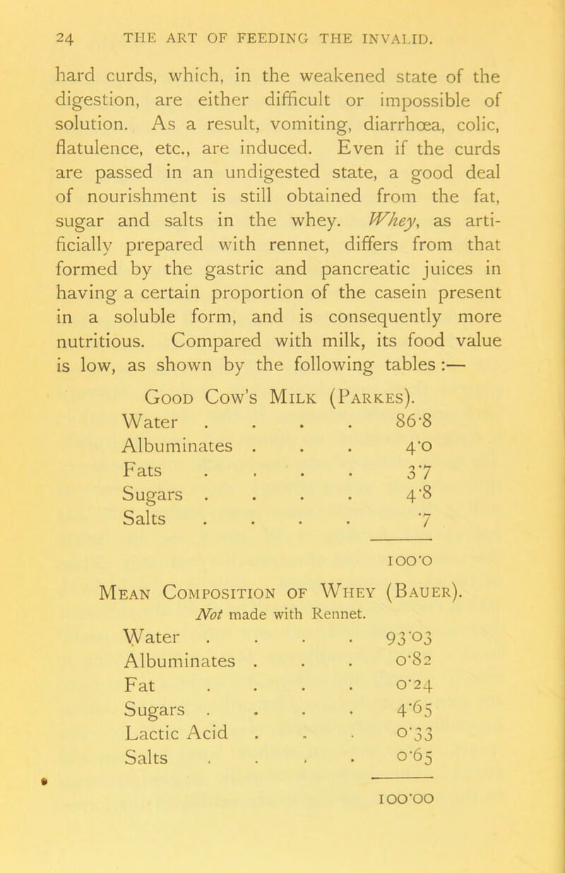 hard curds, which, in the weakened state of the digestion, are either difficult or impossible of solution. As a result, vomiting, diarrhoea, colic, flatulence, etc., are induced. Even if the curds are passed in an undigested state, a good deal of nourishment is still obtained from the fat, sugar and salts in the whey. Whey, as arti- ficially prepared with rennet, differs from that formed by the gastric and pancreatic juices in having a certain proportion of the casein present in a soluble form, and is consequently more nutritious. Compared with milk, its food value is low, as shown by the following tables :— Good Cow’s Milk (Parkes). Water .... 86’8 Albuminates . . . 4*0 Fats . . . . 37 Sugars .... 4‘8 Salts .... 7 IOO’O Mean Composition of Whey (Bauer). Not made with Rennet. Water . . . 93‘°3 Albuminates . . . o'82 Fat .... 0-24 Sugars .... 4‘65 Lactic Acid . . • 073 Salts .... 0*65 6 ~ ■ IOO’OO