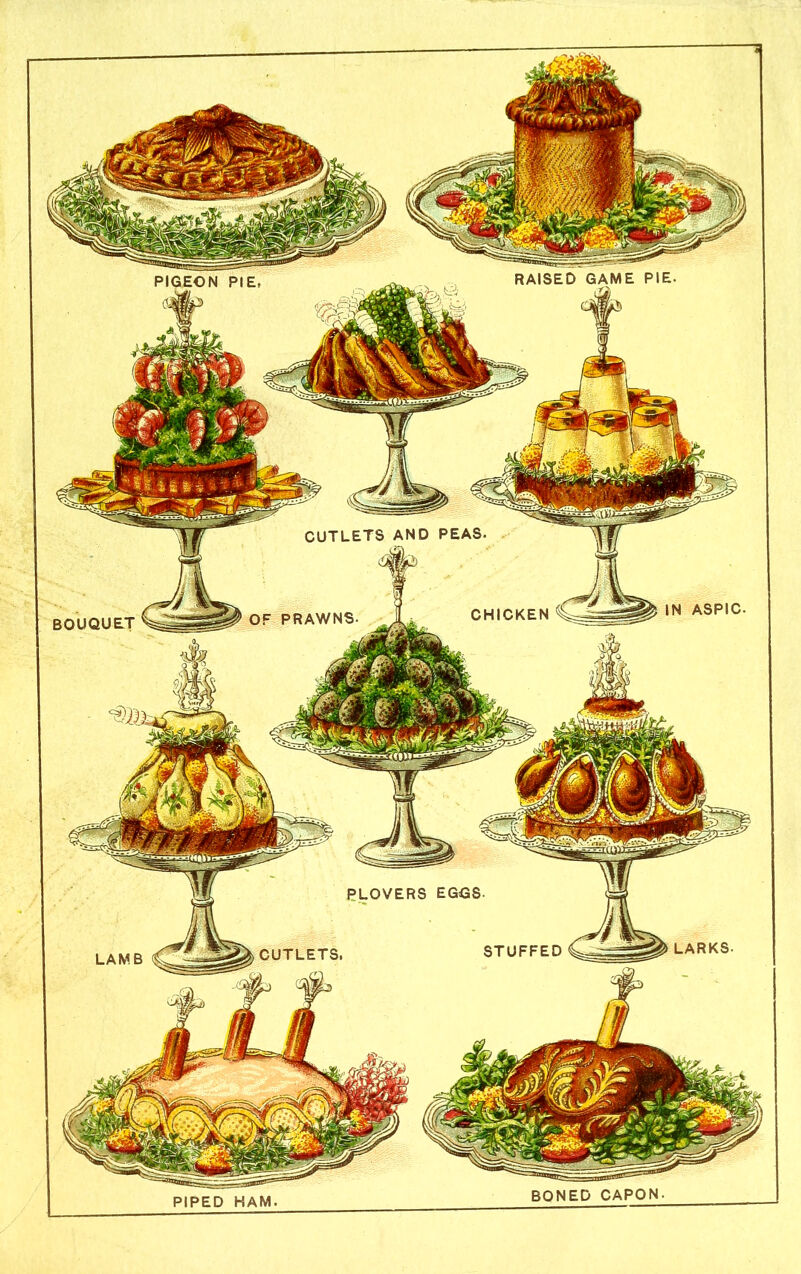 RAISED GAME PIE CUTLETS AND PEAS IN ASPIC CHICKEN '4== OF PRAWNS BOUQUET PLOVERS EGGS LARKS STUFFED CUTLETS, BONED CAPON. PIPED HAM. PIGEON PIE,