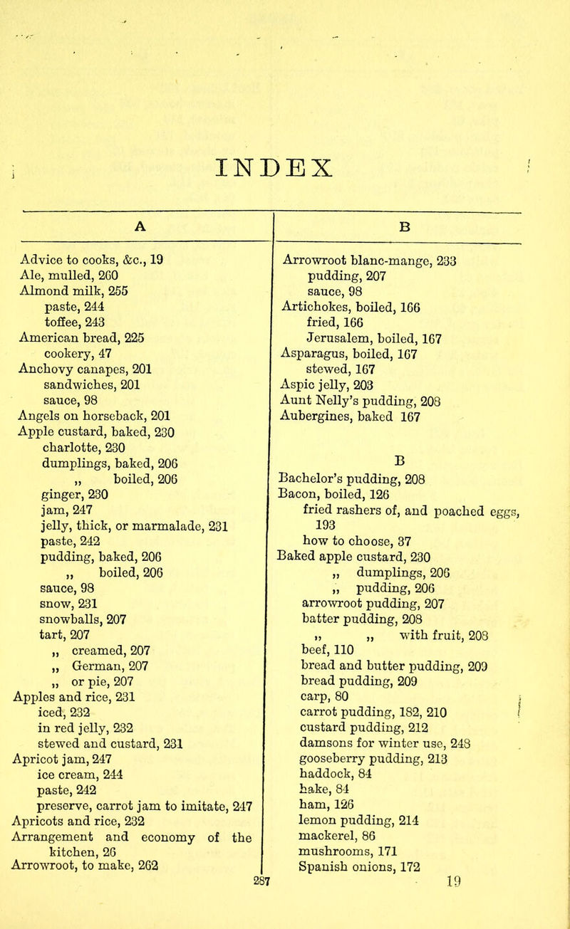 INDEX A Advice to cooks, &c., 19 Ale, mulled, 260 Almond milk, 255 paste, 244 toSee, 243 American bread, 225 cookery, 47 Anchovy canapes, 201 sandwiches, 201 sauce, 98 Angels on horseback, 201 Apple custard, baked, 230 charlotte, 230 dumplings, baked, 206 „ boiled, 206 ginger, 230 jam, 247 jelly, thick, or marmalade, 231 paste, 242 pudding, baked, 206 ,, boiled, 206 sauce, 98 snow, 231 snowballs, 207 tart, 207 „ creamed, 207 „ German, 207 „ or pie, 207 Apples and rice, 231 iced, 232 in red jelly, 232 stewed and custard, 231 Apricot jam, 247 ice cream, 244 paste, 242 preserve, carrot jam to imitate, 247 Apricots and rice, 232 Arrangement and economy of the kitchen, 26 Arrowroot, to make, 262 B Arrowroot blanc-mange, 233 pudding, 207 sauce, 98 Artichokes, boiled, 166 fried, 166 Jerusalem, boiled, 167 Asparagus, boiled, 167 stewed, 167 Aspic jelly, 203 Aunt Nelly’s pudding, 208 Aubergines, baked 167 B Bachelor’s pudding, 208 Bacon, boiled, 126 fried rashers of, and poached eggs, 193 how to choose, 37 Baked apple custard, 230 „ dumplings, 206 „ pudding, 206 arrowroot pudding, 207 batter pudding, 208 I, ,, wdth fruit, 203 beef, 110 bread and butter pudding, 209 bread pudding, 209 carp, 80 ; carrot pudding, 182, 210 I custard pudding, 212 damsons for winter use, 243 gooseberry pudding, 213 haddock, 84 hake, 84 ham, 126 lemon pudding, 214 mackerel, 86 mushrooms, 171 Spanish onions, 172