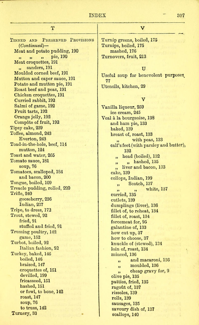 T Tinned and Pbeseeved Provisions {Continued)— Meat and potato pudding, 190 i> >i »> 1^0 Meat croquettes, 191 ,, Sanders, 191 Moulded corned beef, 191 Mutton and caper sauce, 191 Potato and mutton pie, 191 Roast beef and peas, 191 Chicken croquettes, 191 Curried rabbit, 192 Salmi of game, 192 Fruit tarts, 192 Orange j elly, 192 Compete of fruit, 192 Tipsy cake, 239 Toffee, almond, 243 Everton, 243 Toad-in-the-hole, beef, 114 mutton, 124 Toast and water, 265 Tomato sauce, 181 soup, 76 Tomatoes, scalloped, 184 and bacon, 200 Tongue, boiled, 109 Treacle pudding, rolled, 220 Trifle, 240 gooseberry, 236 Indian, 237 Tripe, to dress, 172 Trout, stewed, 92 fried, 91 stuffed and fried, 91 Trussing poultry, 142 game, 152 Turbot, boiled, 92 Italian fashion, 92 Turkey, baked, 146 boiled, 146 braised, 147 croquettes of, 151 devilled, 199 fricasseed, 151 hashed, 151 or fowl, to bone, 142 roast, 147 soup,76 to truss, 142 Turnery, 33 • V Turnip greens, boiled, 175 Turnips, boiled, 175 mashed, 176 Turnovers, fruit, 213 U Useful soup for benevolent purposes^ 77 Utensils, kitchen, 29 V Vanilla liqueur, 259 ice cream, 245 Veal a la bourgeoise, 138 and ham pie, 133 baked, 139 breast of, roast, 133 „ with peas, 133 calf’s feet (with parsley and butter), 132 „ head (boiled), 132 „ „ hashed,135 „ liver and bacon, 133 cake, 139 collops, Indian, 199 „ Scotch, 137 „ „ white, 137 curried, 135 cutlets, 139 dumplings (liver), 136 fillet of, to reheat, 134 fillet of, roast, 134 forcemeat for, 95 galantine of, 133 how cut up, 37 how to choose, 37 knuckle of (stewed), 134 loin of, roast, 134 minced, 136 „ and macaroni, 138 „ moulded, 136 „ cheap gravy for, 9 olive pie, 135 patties, fried, 135 ragofit of, 137 rissoles, 139 rolls, 139 sausages, 135 savoury dish of, 137 scallops, 140