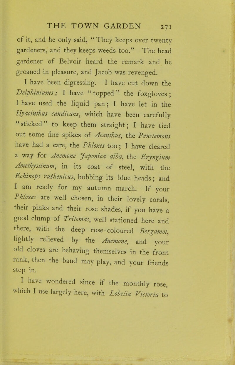 of it, and he only said, “ They keeps over twenty gardeners, and they keeps weeds too.” The head gardener of Belvoir heard the remark and he groaned in pleasure, and Jacob was revenged. I have been digressing. I have cut down the Delphiniums; I have “topped” the foxgloves; I have used the liquid pan; I have let in the Hyacinthus candicans, which have been carefully “ sticked ” to keep them straight; I have tied out some fine spikes of Acanthus, the Penstemons have had a care, the Phloxes too; I have cleared a way for Anemone Japonica alba, the Eryngium Amethystinum, in its coat of steel, with the Echinops ruthenicus, bobbing its blue heads; and I am ready for my autumn march. If your Phloxes are well chosen, in their lovely corals, their pinks and their rose shades, if you have a good clump of Pritomas, well stationed here and there, with the deep rose-coloured Bergamot, lightly relieved by the Anemone, and your old cloves are behaving themselves in the front rank, then the band may play, and your friends step in. I have wondered since if the monthly rose, which I use largely here, with Lobelia Victoria to