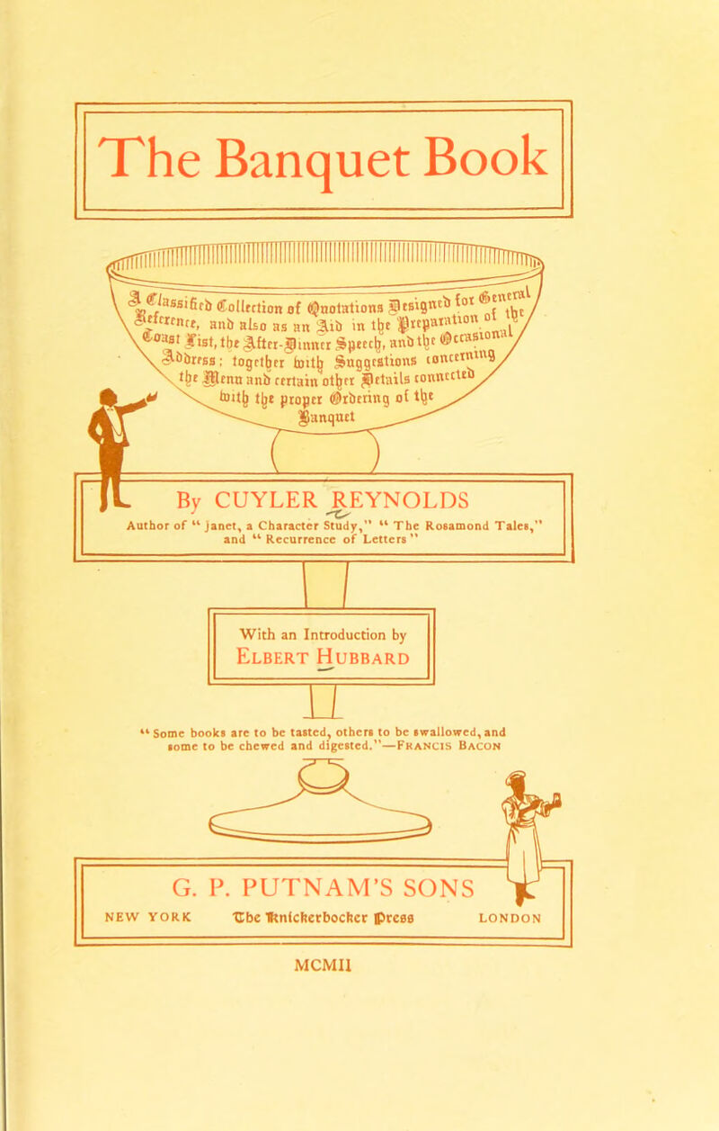 The Banquet Book »*^^^***®^^ ffolltction of (^nolations ^esignt^* fo* Vj j »s an glib in tfee / X>st. ibt Jlflcr-Jimur Speec^, anb t^t (SctaS ' ^bbrfBs; together toitb Suggestions concctning^ t^e gltnn anb certain ot^cr j^etails tonnette^ toit^ t^t proper (©rbering of tlje banquet By CUYLER REYNOLDS Author of ^ Janet, a Character Study,’* “ The Rosamond Tales, and ‘^Recurrence of Letters** With an Introduction by Elbert Hubbard Some books are to be tasted, others to be swallowed, and some to be chewed and digested.”—Francis Bacon MCMU
