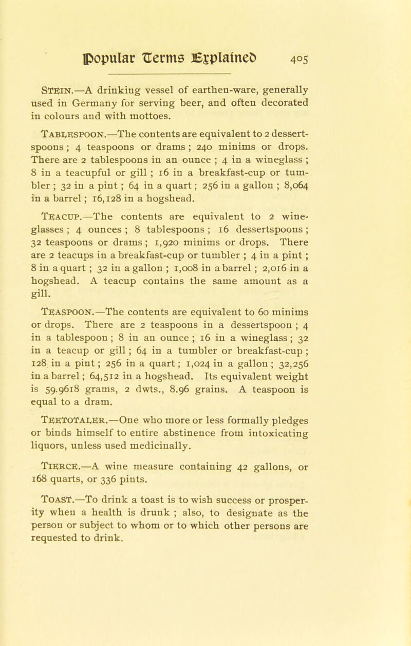 Stein.—A drinking vessel of earthen-ware, generally used in Germany for serving beer, and often decorated in colours and with mottoes. Tabeespoon.—The contents are equivalent to 2 dessert- spoons ; 4 teaspoons or drams ; 240 minims or drops. There are 2 tablespoons in an ounce ; 4 in a wineglass ; 8 in a teacupful or gill ; 16 in a breakfast-cup or tum- bler ; 32 in a pint ; 64 in a quart; 256 in a gallon ; 8,064 in a barrel; 16,128 in a hogshead. Teacup.—The contents are equivalent to 2 wine- glasses ; 4 ounces ; 8 tablespoons ; 16 dessertspoons; 32 teaspoons or drams ; 1,920 minims or drops. There are 2 teacups in a breakfast-cup or tumbler ; 4 in a pint; 8 in a quart; 32 in a gallon ; 1,008 in a barrel ; 2,016 in a hogshead. A teacup contains the same amount as a gill. Teaspoon.—The contents are equivalent to 60 minims or drops. There are 2 teaspoons in a dessertspoon ; 4 in a tablespoon; 8 in an ounce ; 16 in a wineglass; 32 in a teacup or gill; 64 in a tumbler or breakfast-cup; 128 in a pint; 256 in a quart; 1,024 ia a gallon ; 32,256 in a barrel; 64,512 in a hogshead. Its equivalent weight is 59.9618 grams, 2 dwts., 8.96 grains. A teaspoon is equal to a dram. Teetotaler.—One who more or less formally pledges or binds himself to entire abstinence from intoxicating liquors, unless used medicinally. Tierce.—A wine measure containing 42 gallons, or 168 quarts, or 336 pints. Toast.—To drink a toast is to wish success or prosper- ity when a health is drunk ; also, to designate as the person or subject to whom or to which other persons are requested to drink.