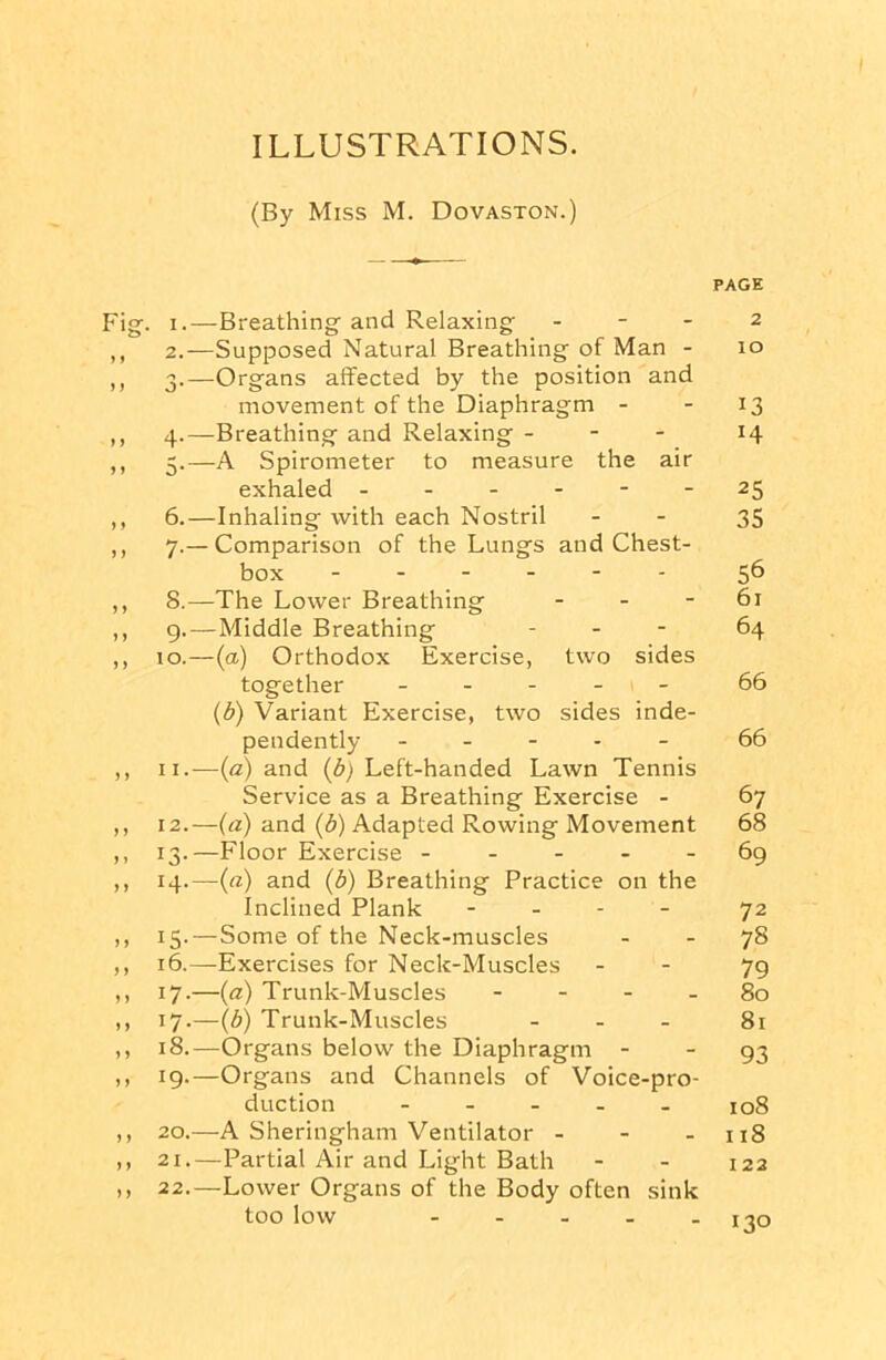 ILLUSTRATIONS. (By Miss M. Dovaston.) page Fig. i.—Breathing and Relaxing - - - 2 ,, 2.—Supposed Natural Breathing of Man - 10 ,, 3.—Organs affected by the position and movement of the Diaphragm - - 13 ,, 4.—Breathing and Relaxing - - - 14 ,, 5.—A Spirometer to measure the air exhaled ------ 25 ,, 6.—Inhaling with each Nostril - - 35 ,, 7.—Comparison of the Lungs and Chest- box ------ 56 ,, 8.—The Lower Breathing - - - 61 ,, 9.—Middle Breathing - - - 64 ,, 10.—(a) Orthodox Exercise, two sides together - - - - 66 (b) Variant Exercise, two sides inde- pendently ----- 66 ,, 11.—(<2) and (b) Left-handed Lawn Tennis Service as a Breathing Exercise - 67 ,, 12.—(a) and (b) Adapted Rowing Movement 68 ,, 13.—Floor Exercise ----- 69 ,, 14.—(a) and (b) Breathing Practice on the Inclined Plank - - - 72 ,, 13.—Some of the Neck-muscles - - 78 ,, 16.—Exercises for Neck-Muscles - - 79 ,, 17.—(«) Trunk-Muscles - - - - 80 ,, 17.—(b) Trunk-Muscles - 81 ,, 18.—Organs below the Diaphragm 93 ,, 19.—Organs and Channels of Voice-pro- duction - - - - - 108 ,, 20.—A Sheringham Ventilator - - - 118 ,, 21.—Partial Air and Light Bath - - 122 ,, 22.—Lower Organs of the Body often sink too low - - - - - 130