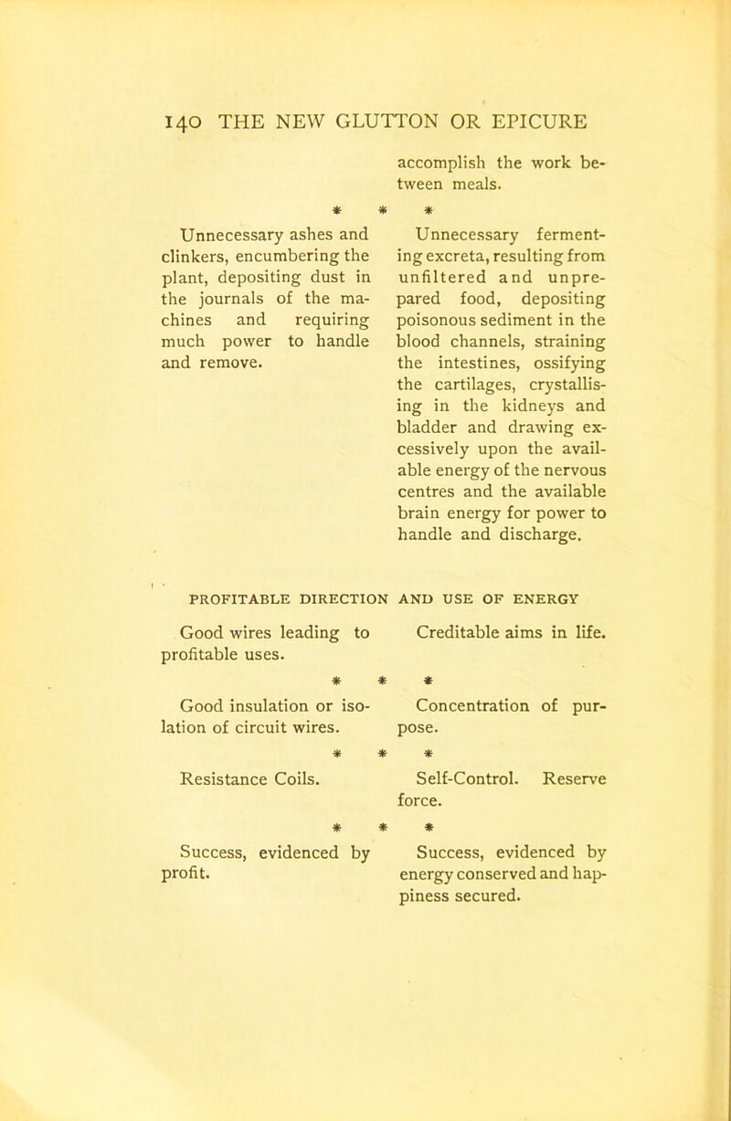 » Unnecessary ashes and clinkers, encumbering the plant, depositing dust in the journals of the ma- chines and requiring much power to handle and remove. accomplish the work be- tween meals. * Unnecessary ferment- ing excreta, resulting from unfiltered and unpre- pared food, depositing poisonous sediment in the blood channels, straining the intestines, ossifying the cartilages, crystallis- ing in the kidneys and bladder and drawing ex- cessively upon the avail- able energy of the nervous centres and the available brain energy for power to handle and discharge. PROFITABLE DIRECTION Good wires leading to profitable uses. * * Good insulation or iso- lation of circuit wires. * * Resistance Coils. Success, evidenced by profit. AND USE OF ENERGY Creditable aims in life. « Concentration of pur- pose. * Self-Control. Reserve force. * Success, evidenced by energy conserved and hap- piness secured.