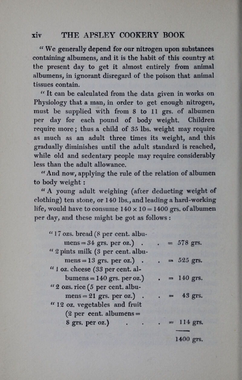 “We generally depend for our nitrogen upon substances containing albumens, and it is the habit of this country at the present day to get it almost entirely from animal albumens, in ignorant disregard of the poison that animal tissues contain. “ It can be calculated from the data given in works on Physiology that a man, in order to get enough nitrogen, must be supplied with from 8 to 11 grs. of albumen per day for each pound of body weight. Children require more; thus a child of 35 lbs. weight may require as much as an adult three times its weight, and this gradually diminishes until the adult standard is reached, while old and sedentary people may require considerably less than the adult allowance. “ And now, applying the rule of the relation of albumen to body weight : u A young adult weighing (after deducting weight of clothing) ten stone, or 140 lbs., and leading a hard-working life, would have to consume 140 x 10 = 1400 grs. of albumen per day, and these might be got as follows : “17 ozs. bread (8 per cent, albu- mens =34 grs. per oz.) . “ 2 pints milk (3 per cent, albu- mens = 13 grs. per oz.) . “ J oz. cheese (33 per cent, al- bumens = 140 grs. per oz.) “ 2 ozs. rice (5 per cent, albu- mens = 21 grs. per oz.) . “12 oz. vegetables and fruit (2 per cent, albumens = 8 grs. per oz.) . = 578 grs. . =* 525 grs. . = 140 grs. . = 43 grs. . = 114 grs. 1400 grs.